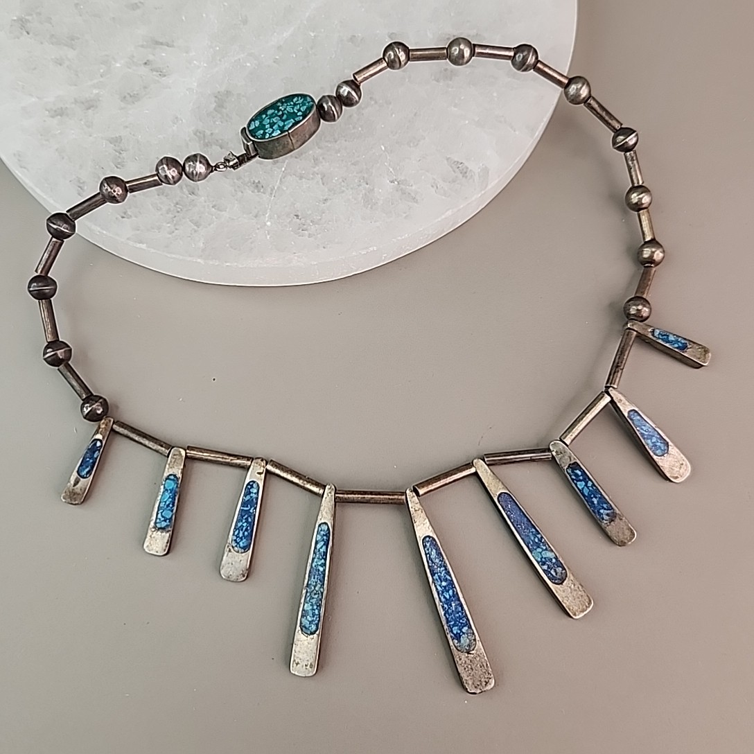 Vintage Mexican Necklace Sterling Silver Turquoise Chip Inlay Fringe Eagle 2