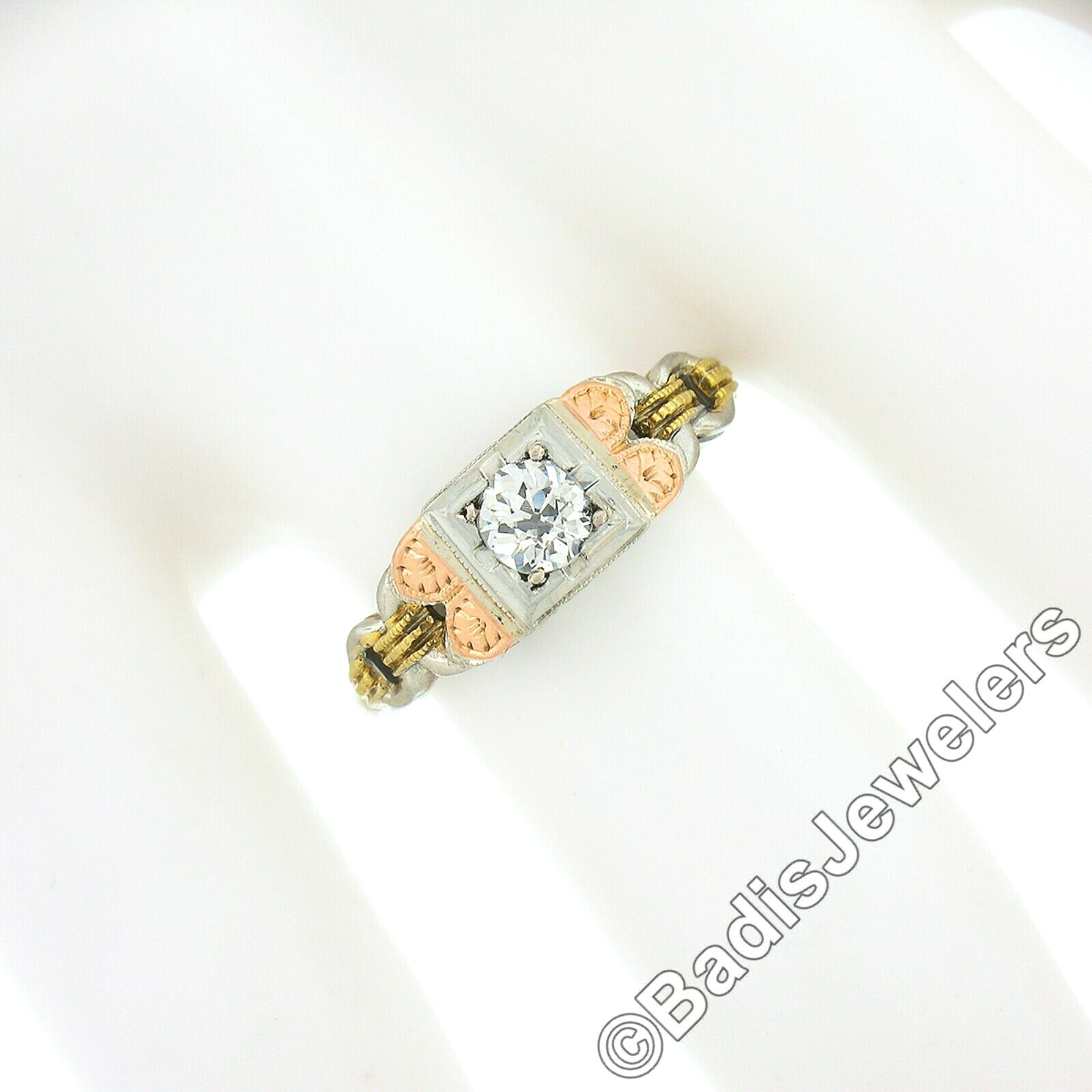 Antique 18k & 14k Gold .34ct Old European Diamond Detailed Sides Engagement Ring