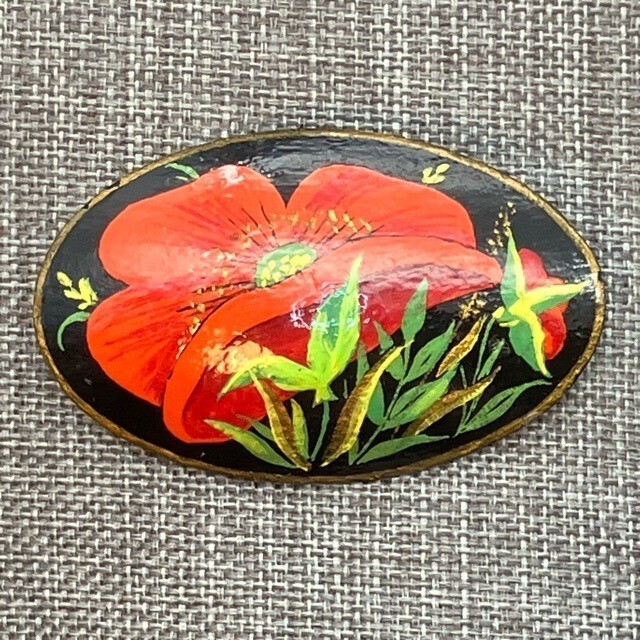 Hand-Painted Floral Brooch Pin 2×1 In Signed HM Oval Red Poppy Flower Black