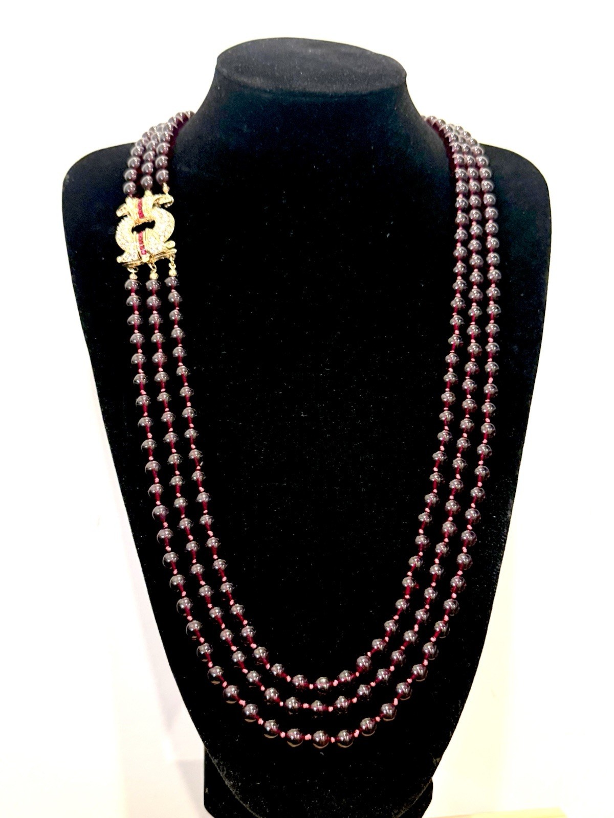 NOLAN MILLER Glamour Collection 3 Strand Bordeaux Glass Garnet Necklace 30”