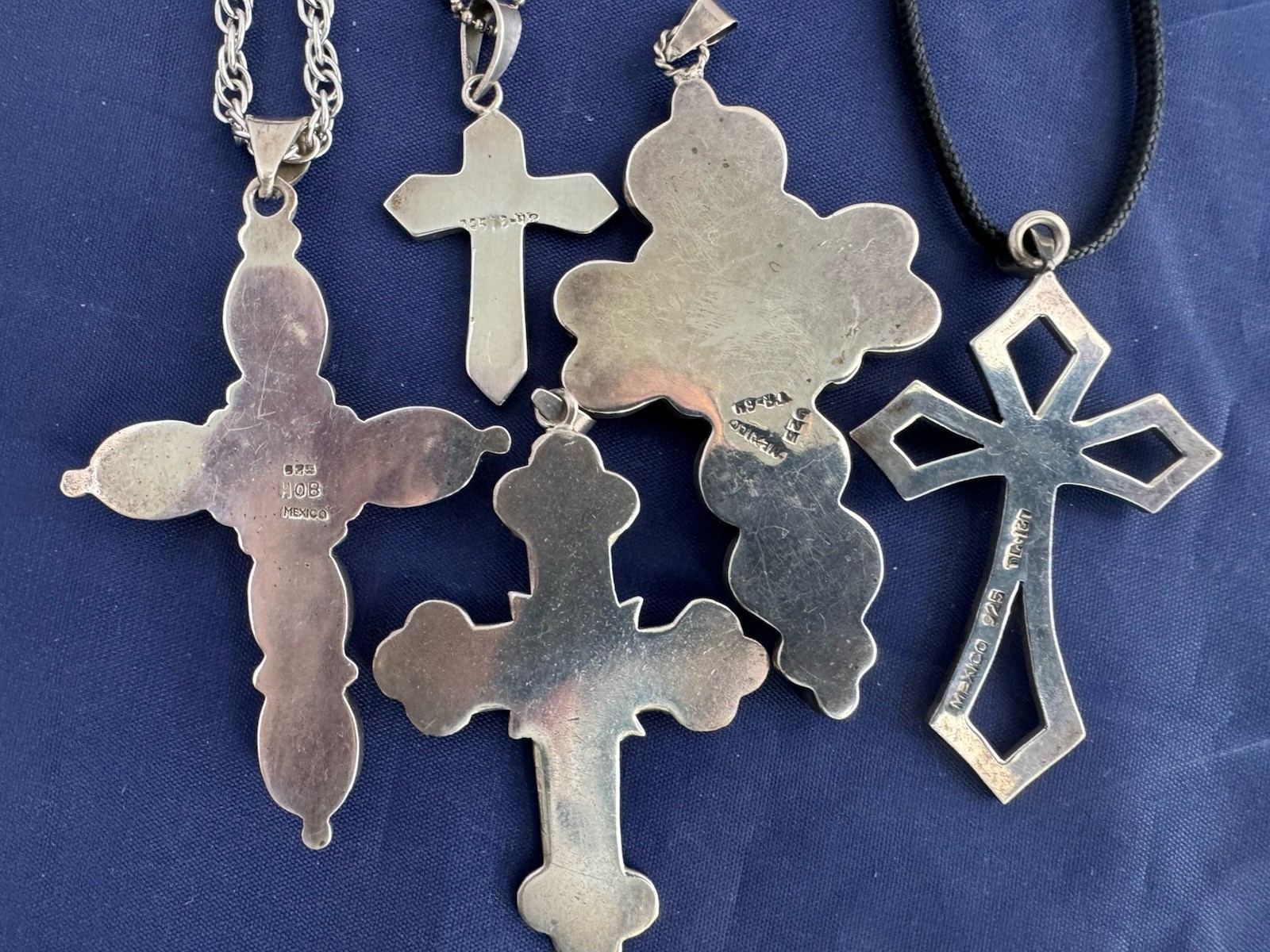 Vintage Sterling Silver Cross Necklace Pendant Lot Mexico MOP Malachite 90 Grams