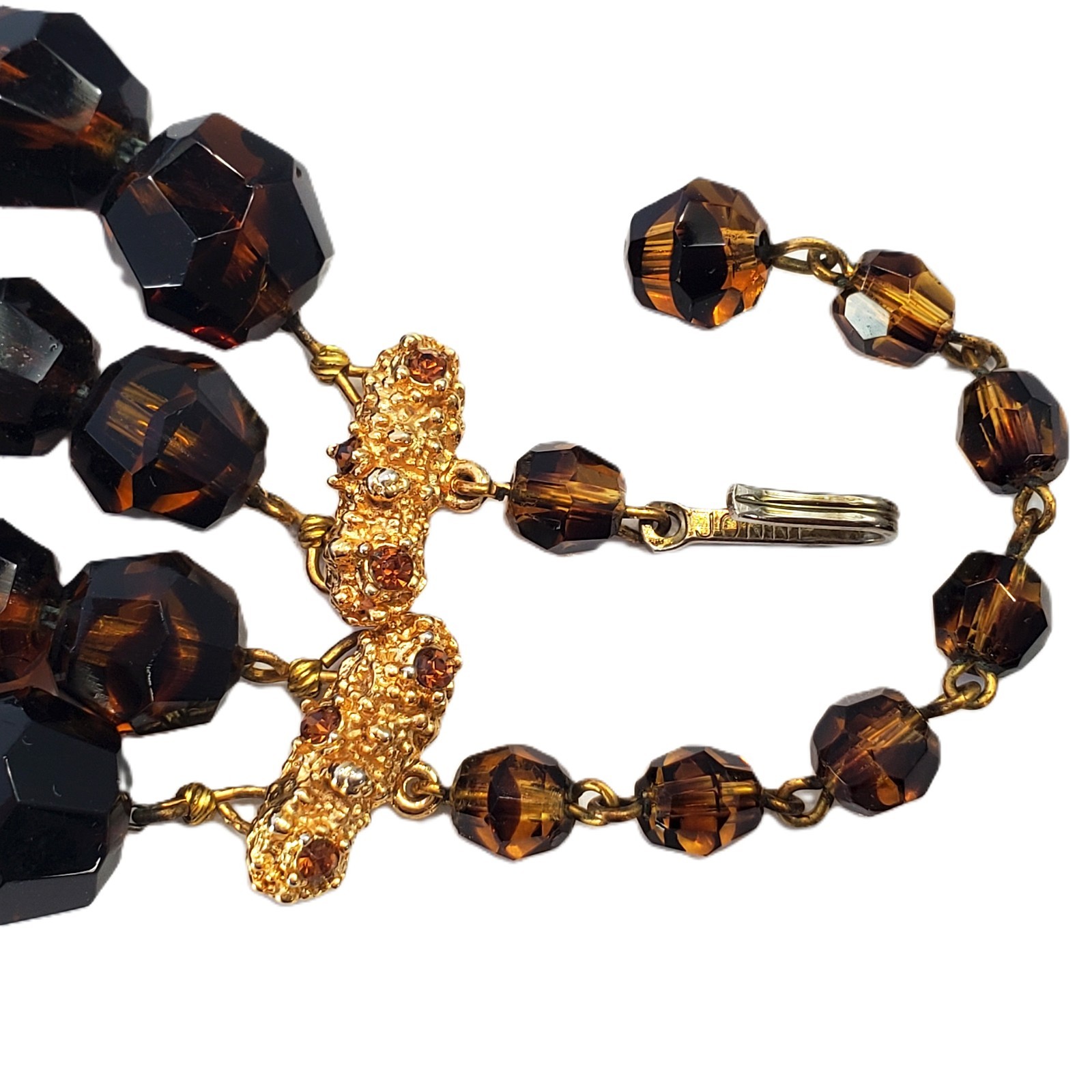 JONNE Faux Tortoise Shell Faceted GLASS Bead Necklace 2 Strand Gold Tone 15″-17″