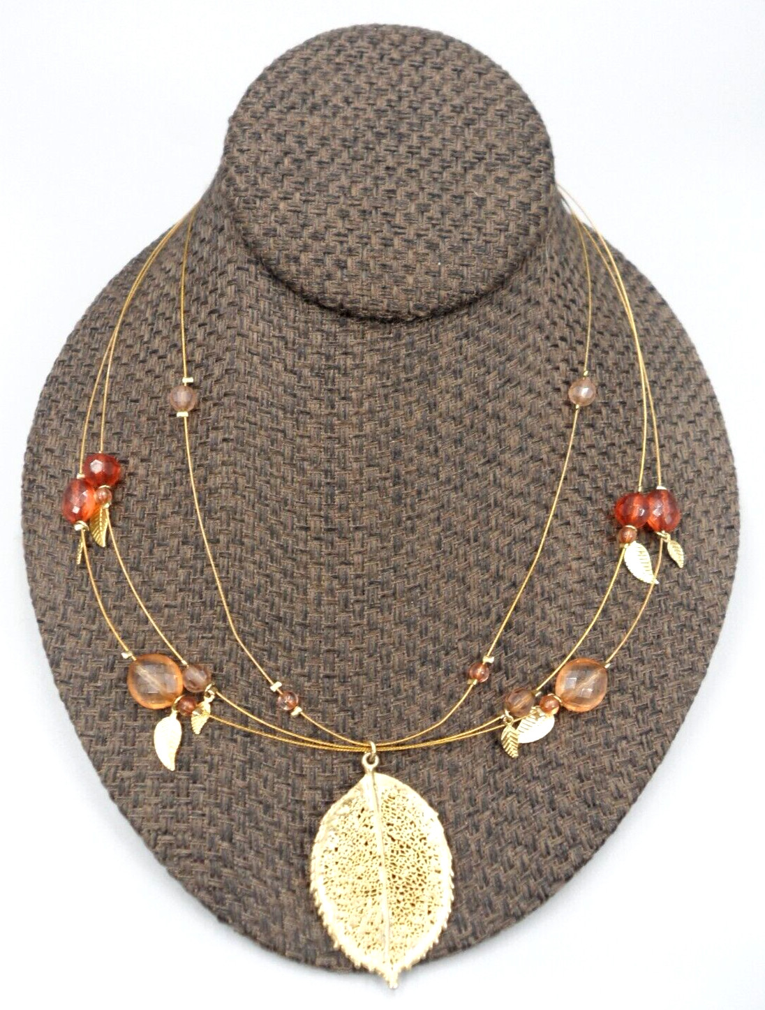3 Strand Festoon Station Necklace Leaf Pendant Charms Peach Orange Mauve Beads