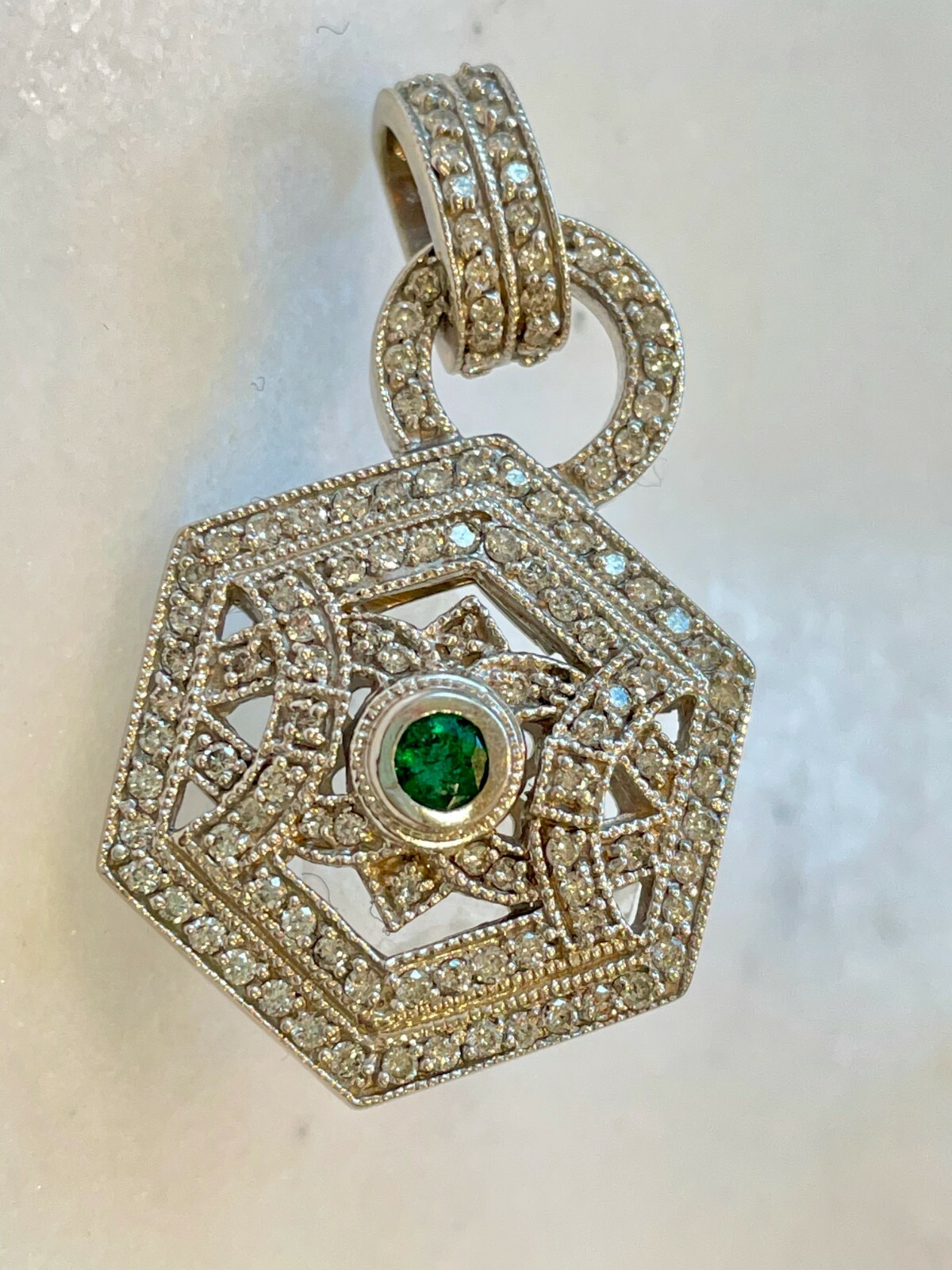 Vintage 14k White gold and diamond filigree EFFY BITA pendant with emerald