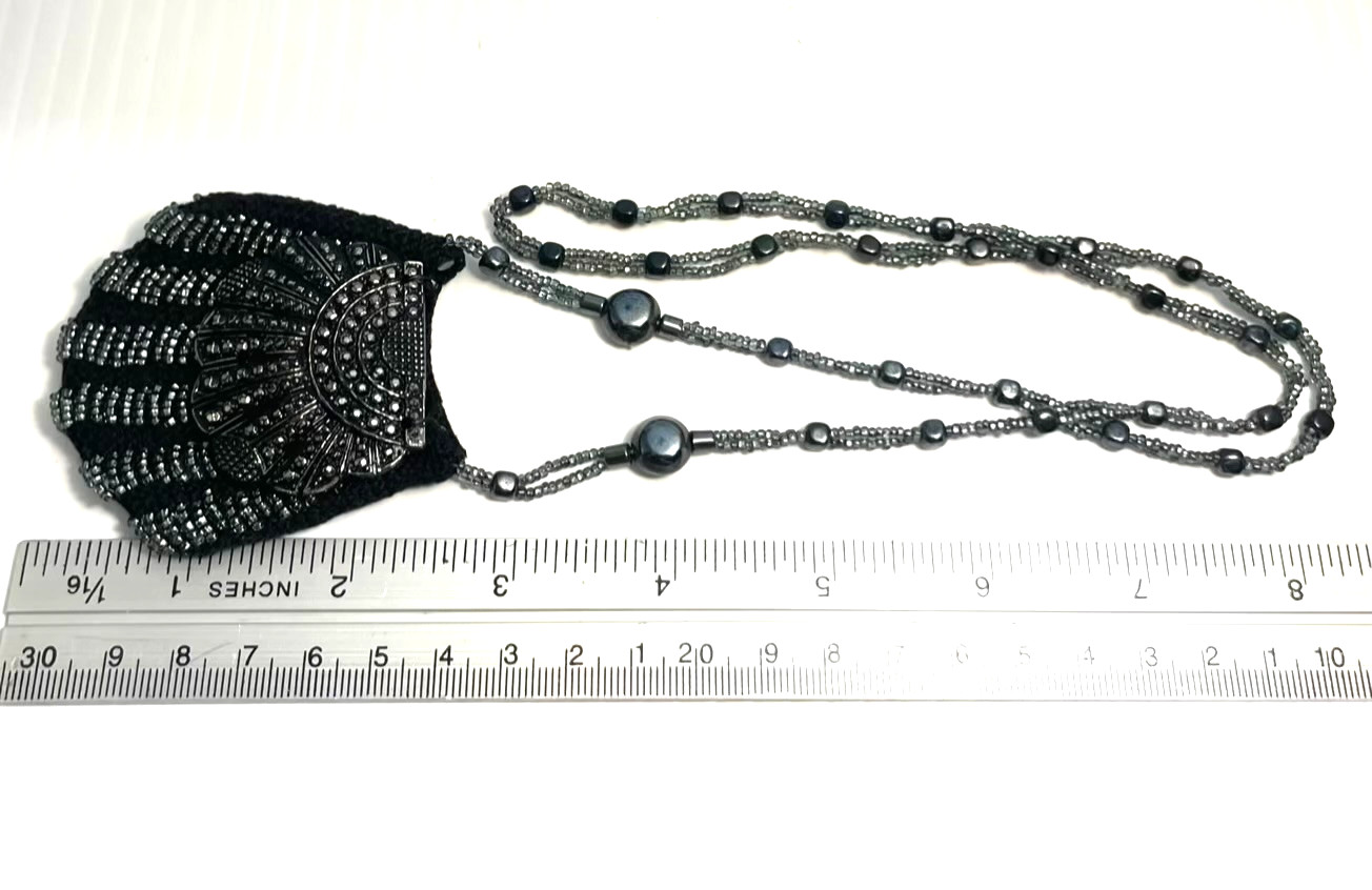 Miniature Beaded Purse Necklace Shell Shaped Black Gray Amulet Keepsake Holder