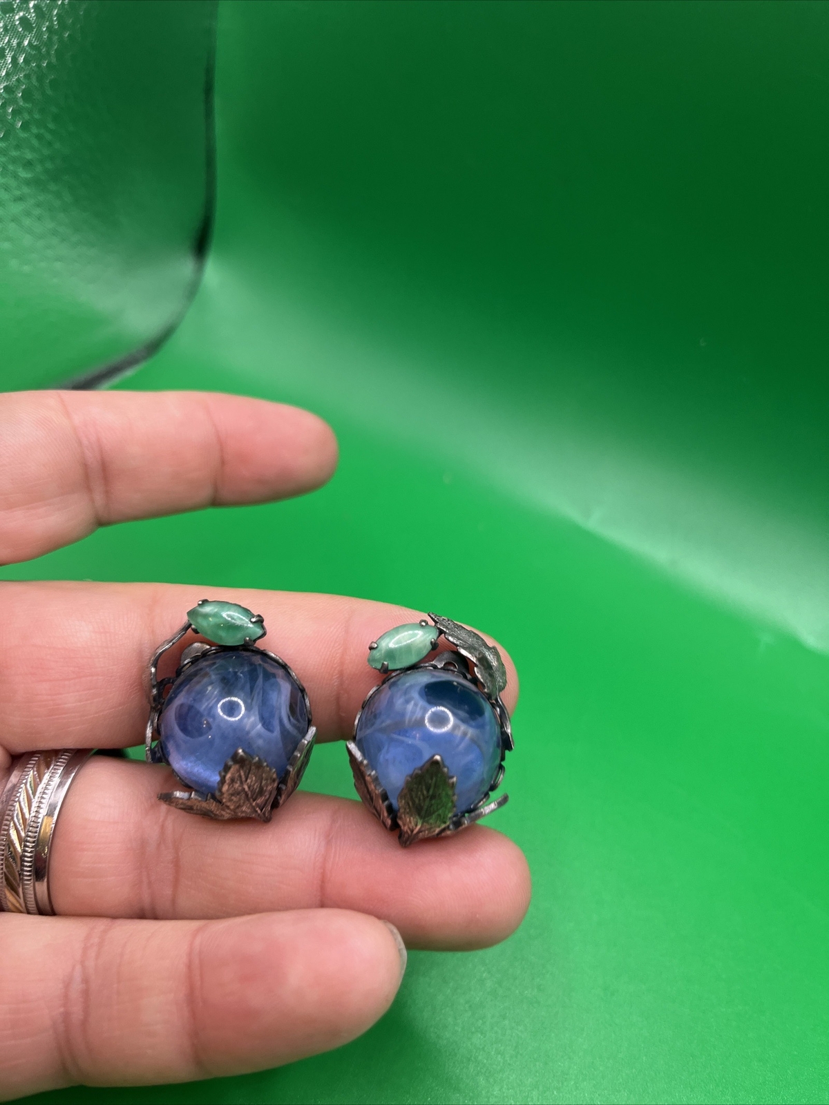 Vintage Silver Tone Blue Gripoix Glass Cabochon Clip Earrings? Austria?
