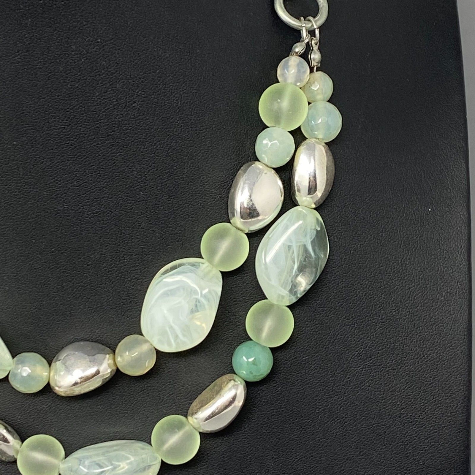 Multi Strand Necklace Green Gemstone Glass Acrylic Beads Frost Swirl Silver Tone