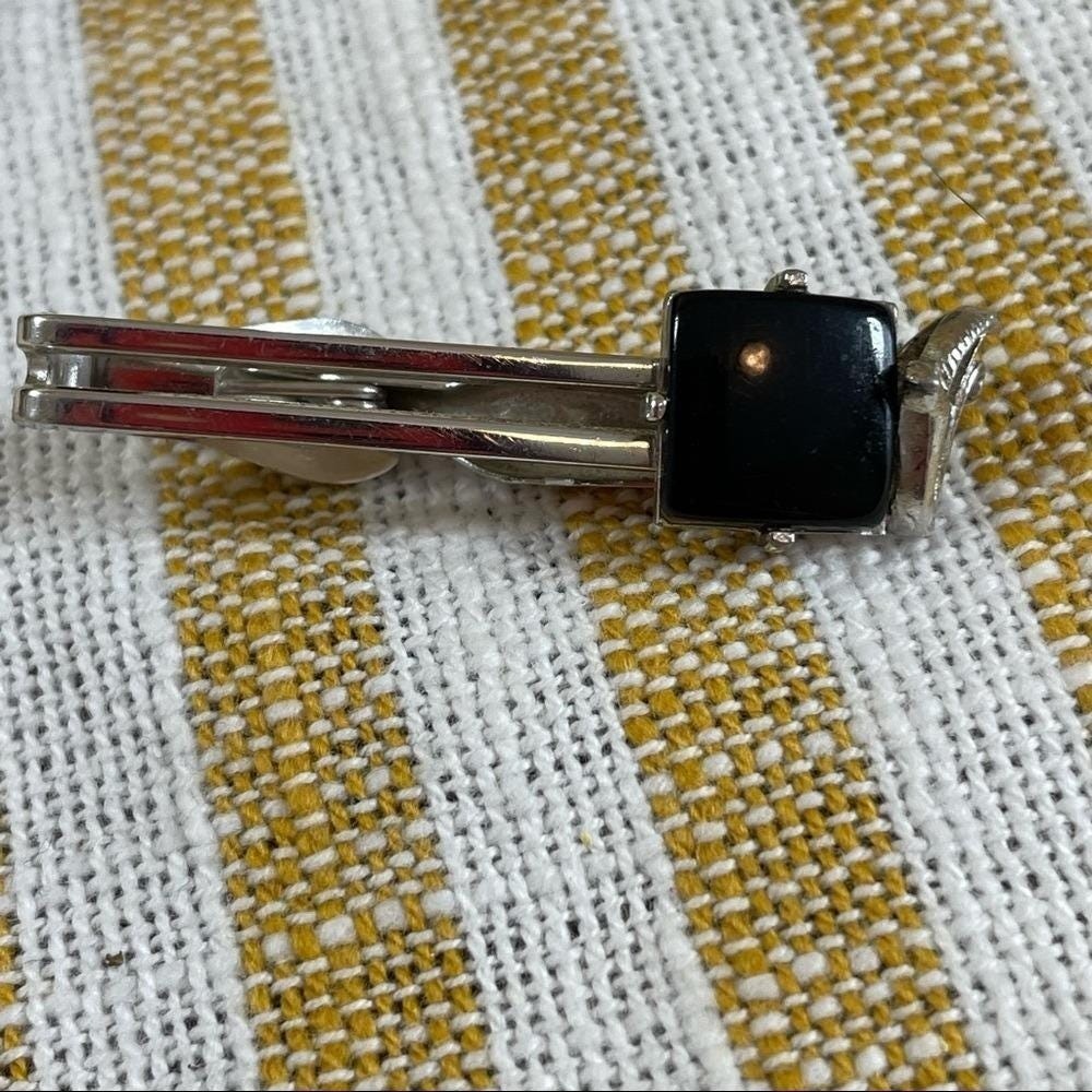 Vintage SWANK Black and Silver Tone Cuff Links Tie Clip Set Retro