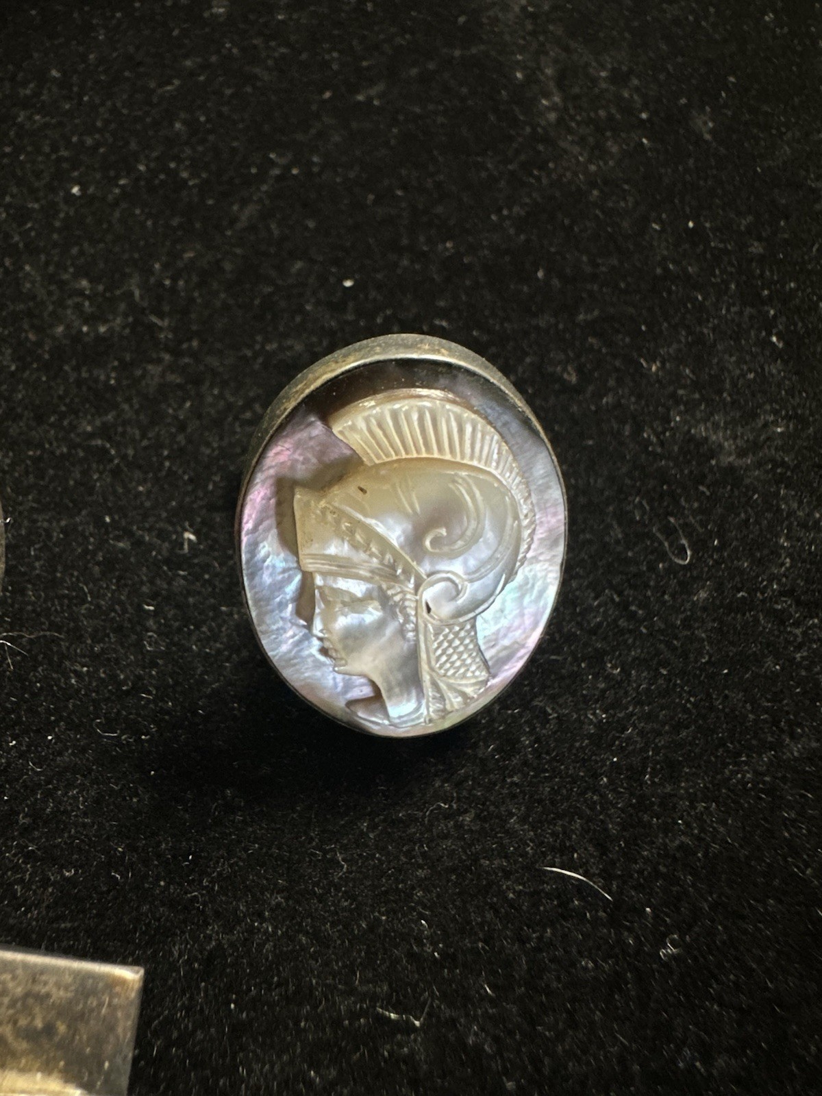 Vintage Handcarved Abalone Cameo ROMANSOLDIERS Sterling Tie Clip & Cufflink Set