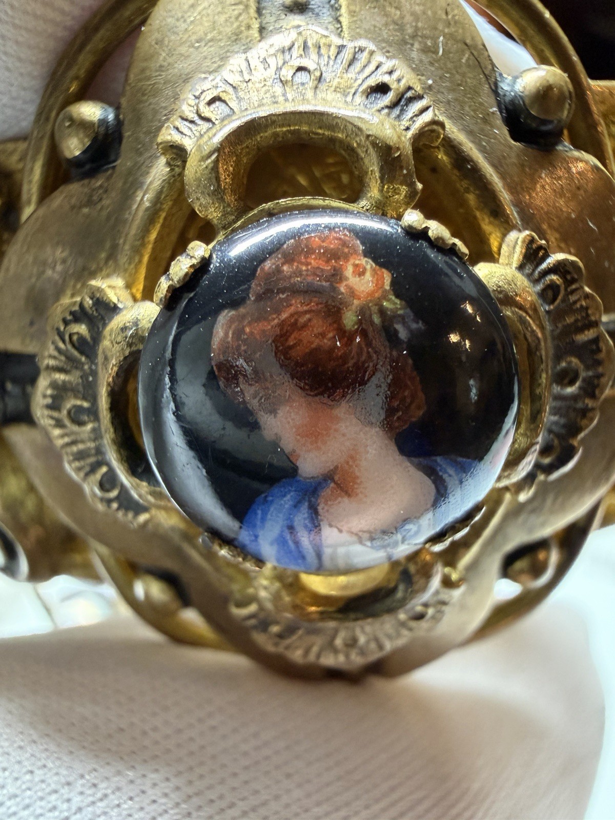 Antique Victorian Porcelain Miniature Portrait Bangle Cuff Bracelet C. 1900