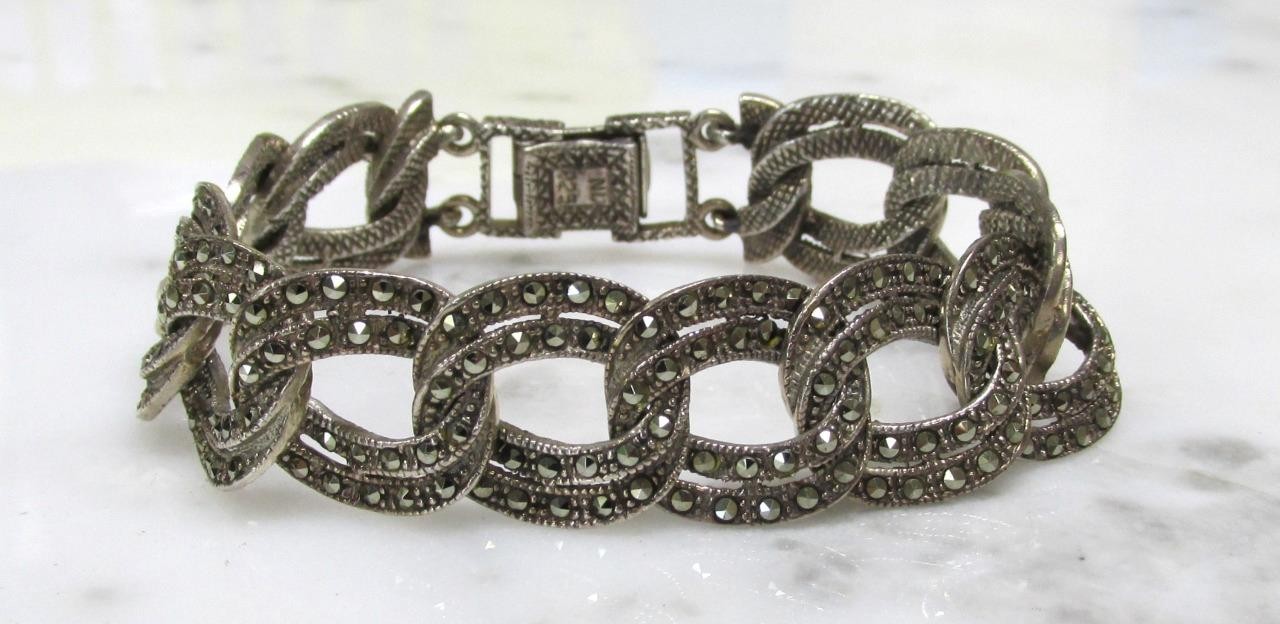 Vintage Sterling Silver Marcasite Curb Link Bracelet ~ 7-1/4″ ~ 29.5g ~ 5-D549