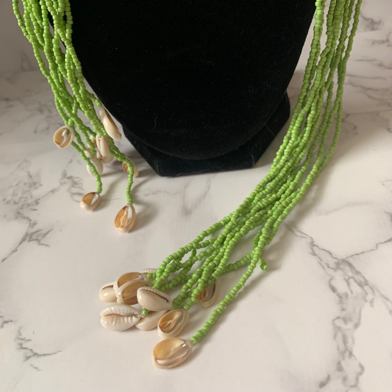 Handmade Wrap Scarf Necklace Multi-Strand Green Glass Beaded Shell Beach 60″ Vtg