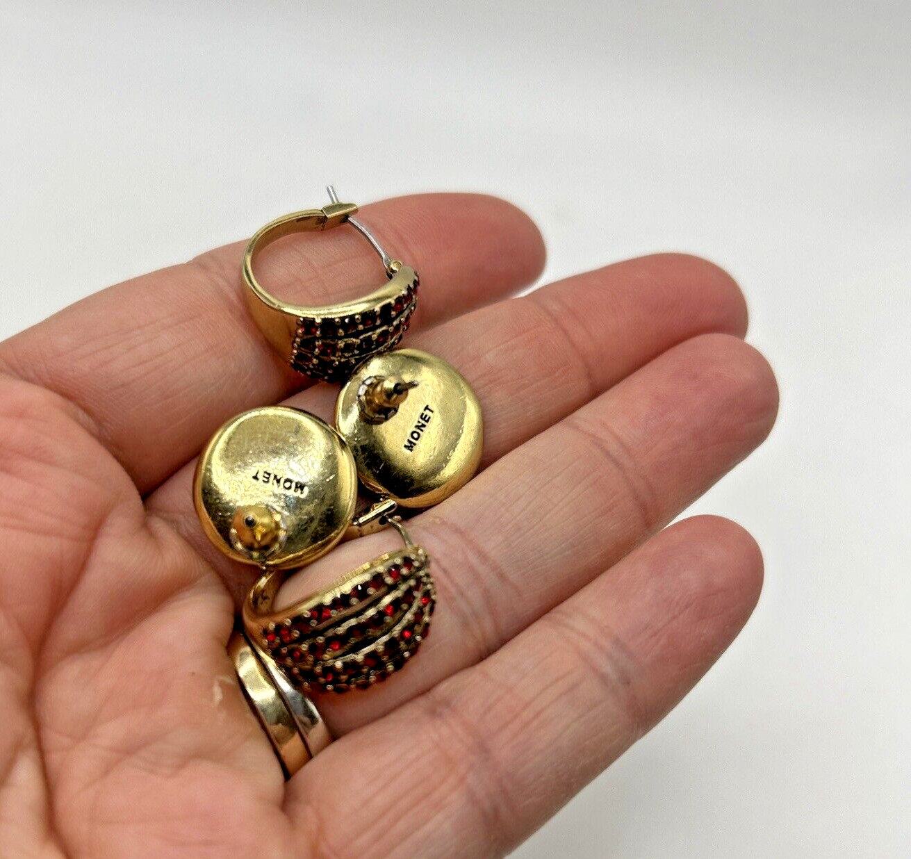 Vintage Monet Gold Plated Disc Earrings Red Crystal Post Earrings Pre/Post 1950
