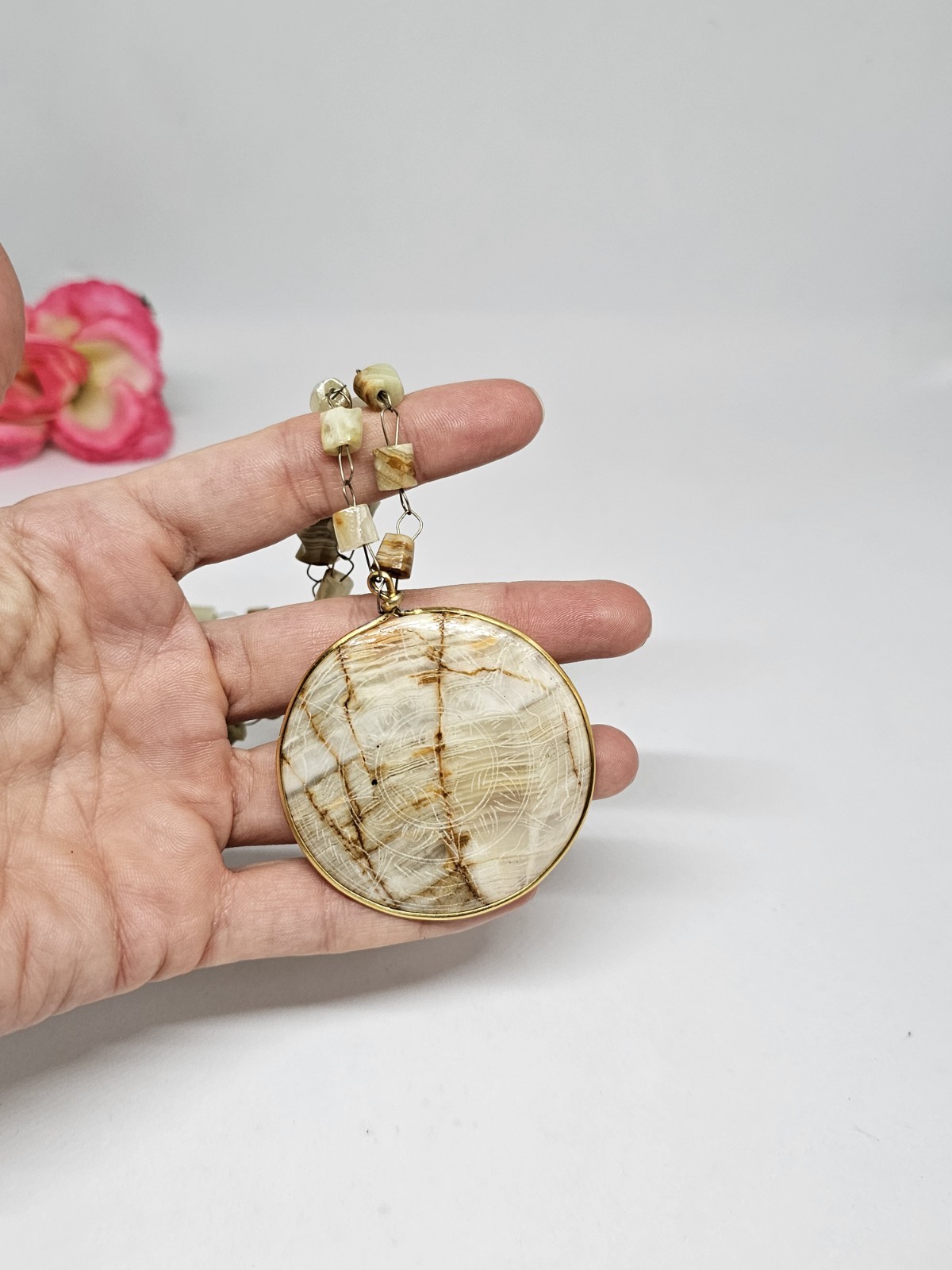 Vintage Carved Agate Beaded Necklace Etched Aztec Sun Disc Pendant