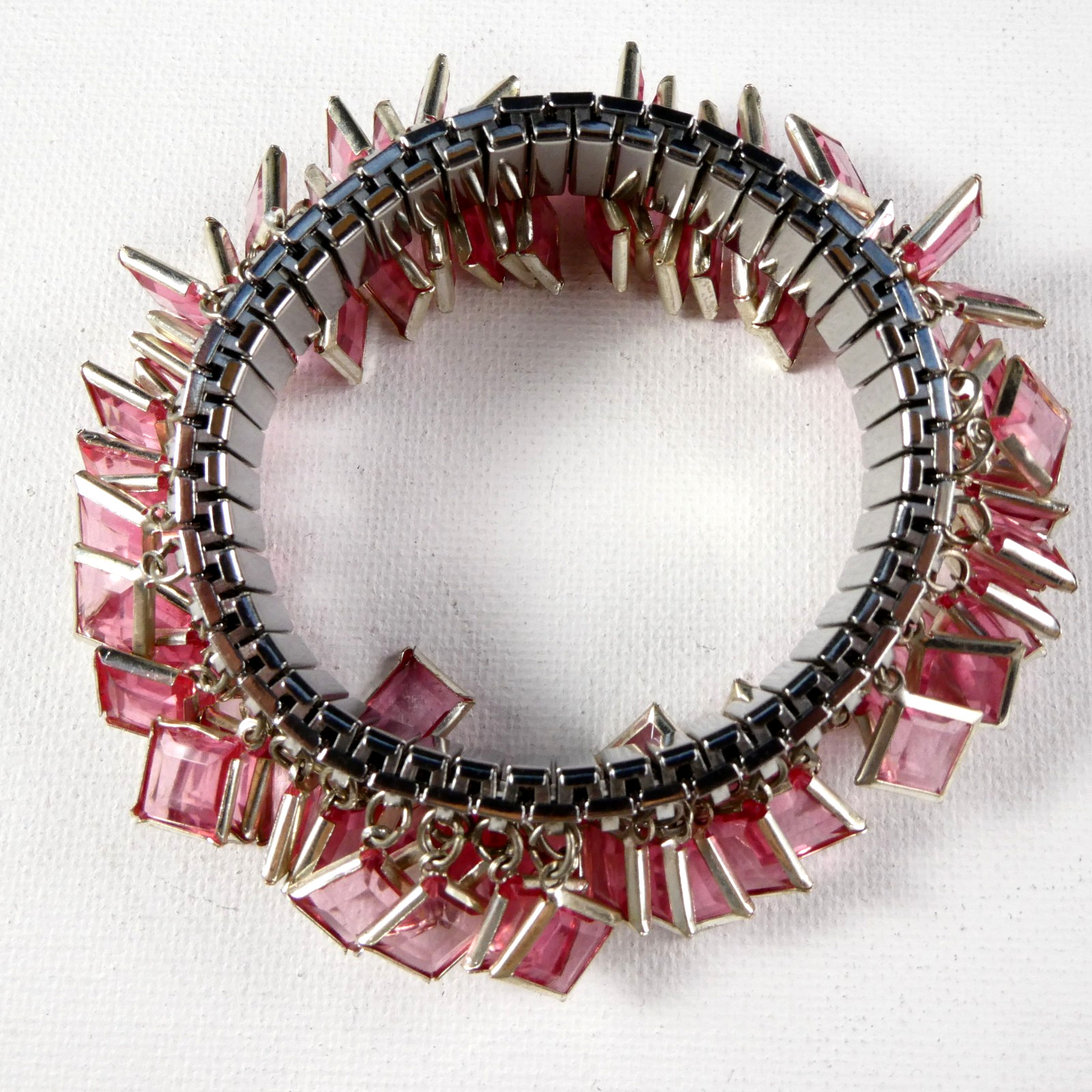 Vintage PINK Square Faux Crystals CHA-CHA Bracelet Silver Tone Expansion Stretch