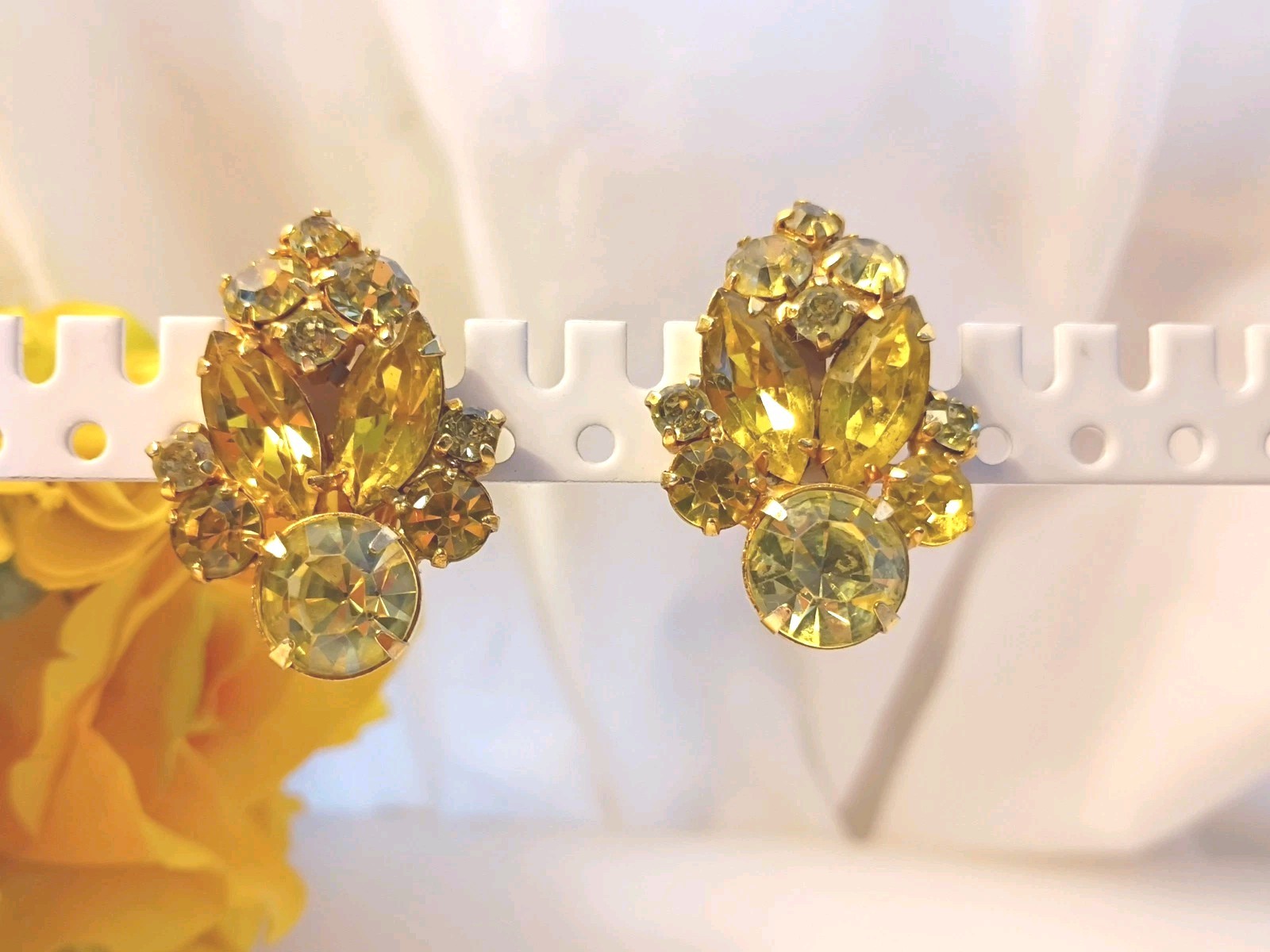 La Roco Rhinestone Vintage Clip Earrings Yellow w Gold Filled Metal