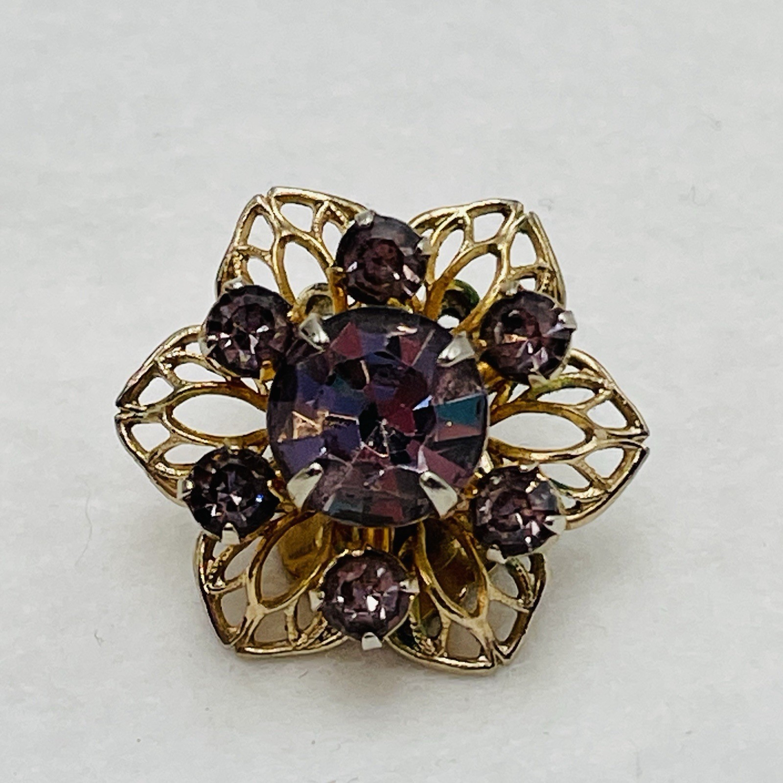Purple Rhinestone Floral Cluster Clip on Earrings Lacy Gold Tone Metal VTG