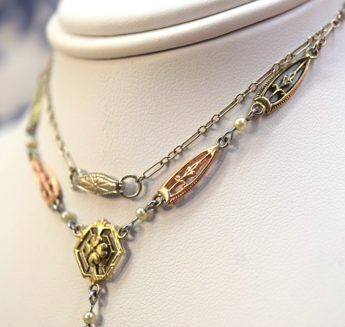Antique Deco 10K Rose White Yellow Gold Red Ruby Glass necklace 17″