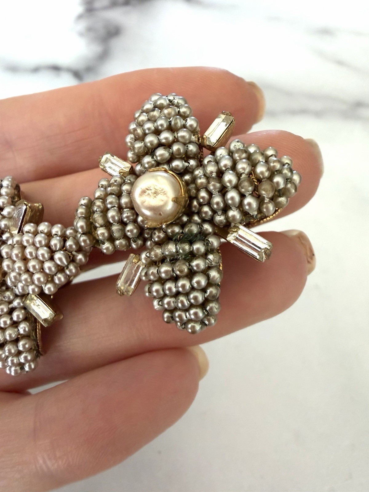 Vintage 1950’s Miriam Haskell Pearl Crystal Flower Filigree Earrings