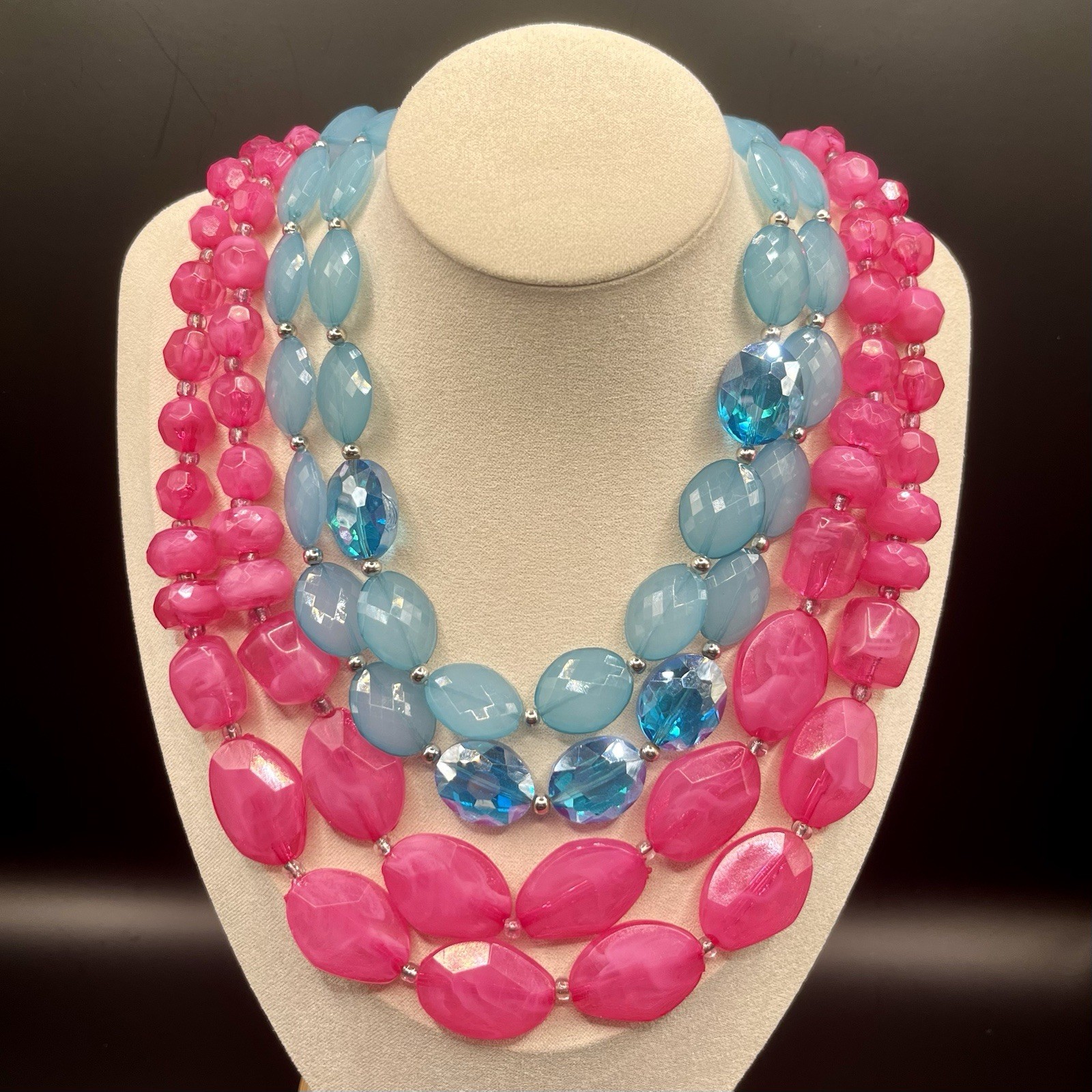 Set Of 2 Necklaces: Sky Blue & Hot Pink Beaded Faceted Chunky Statement Pieces