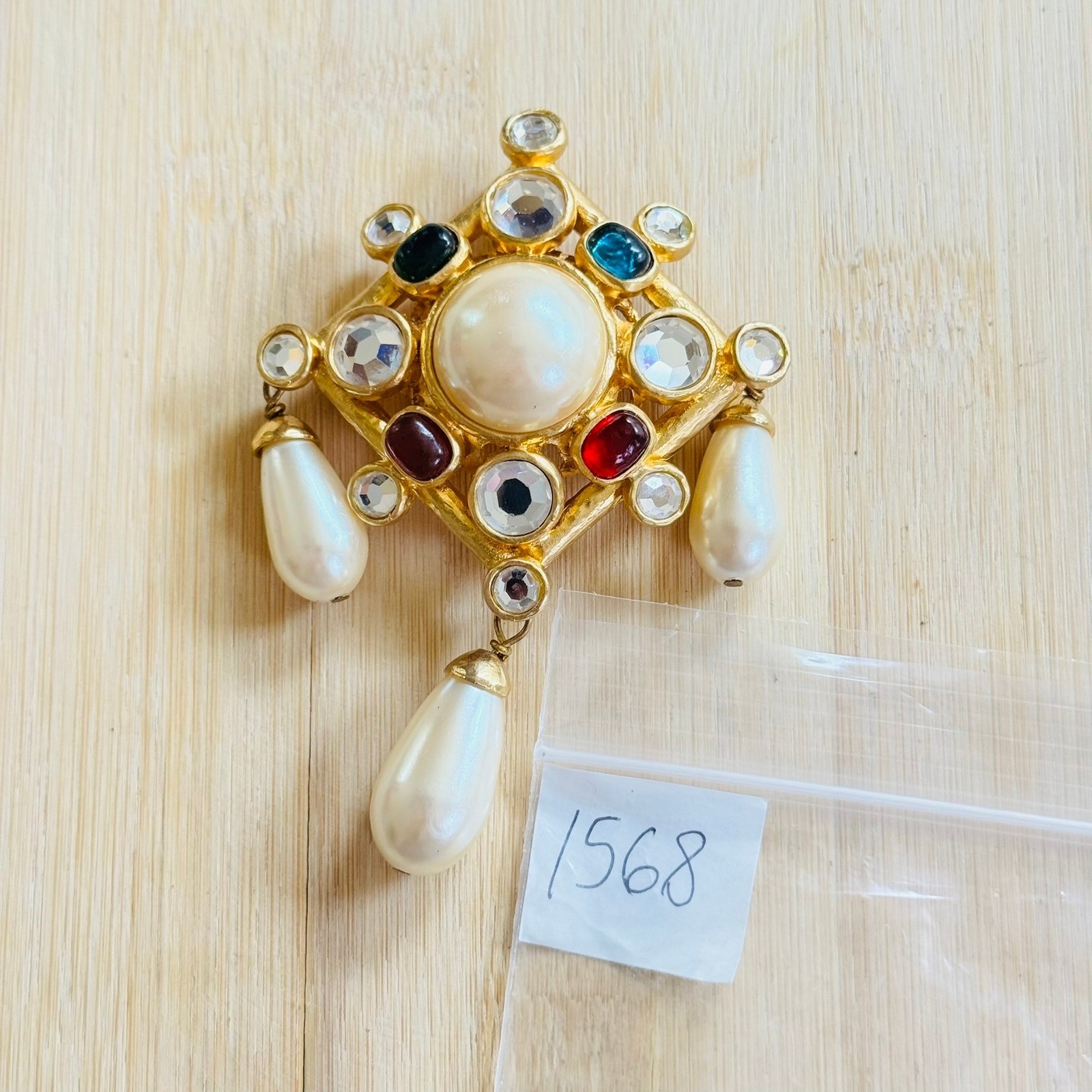 VTG Gripoix Style Regal Tassel Pearl Brooch Pin Chandelier Gold Cabochon 80s Big