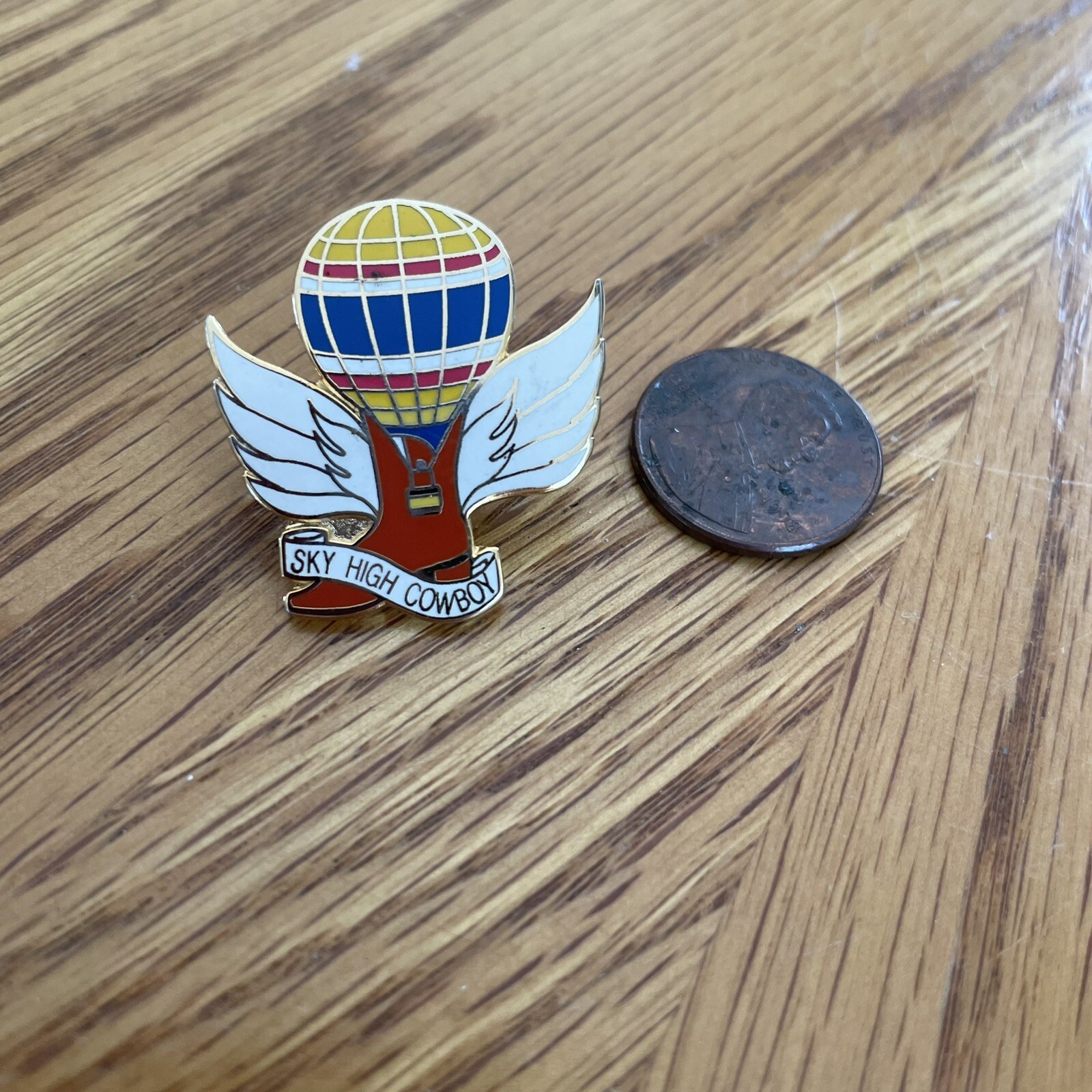 Vtg Hot Air Balloon Cloisonne Pin Brooch SKY HIGH COWBOY Enamel Collect Souvenir