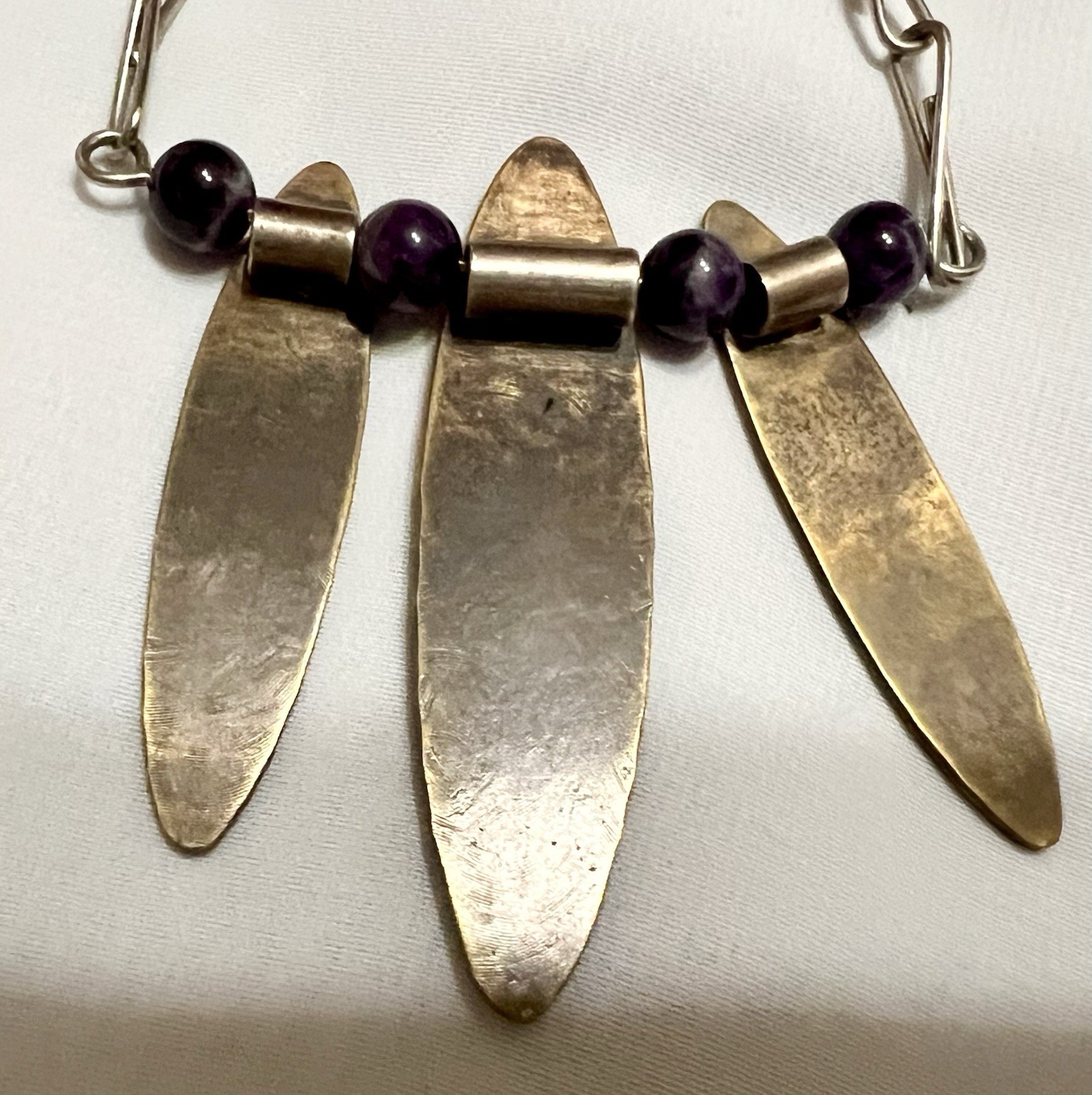 Abstract BRUTALIST Brass Metal AMETHYST BEAD PENDANT & Necklace Chain VINTAGE