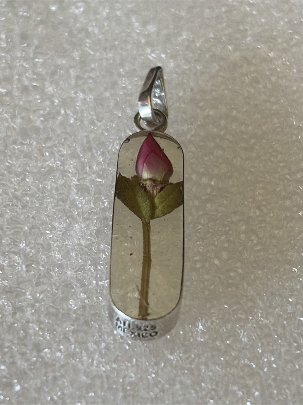 Vintage Sterling Rose Bud Encased In Lucite Pendant Charm-signed ATI 925 Mexico