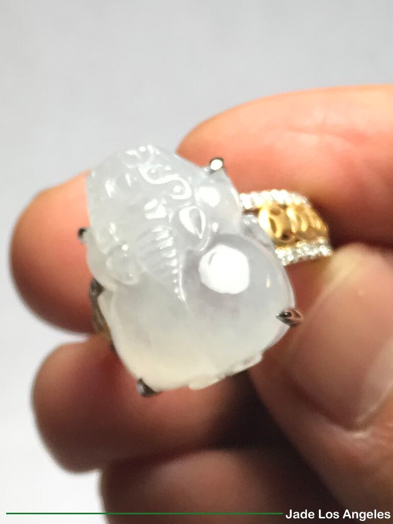Pi Xiu Pixiu Icy Jadeite Jade 18K White/Rose Gold Diamond Ring 45ct Size:7.5