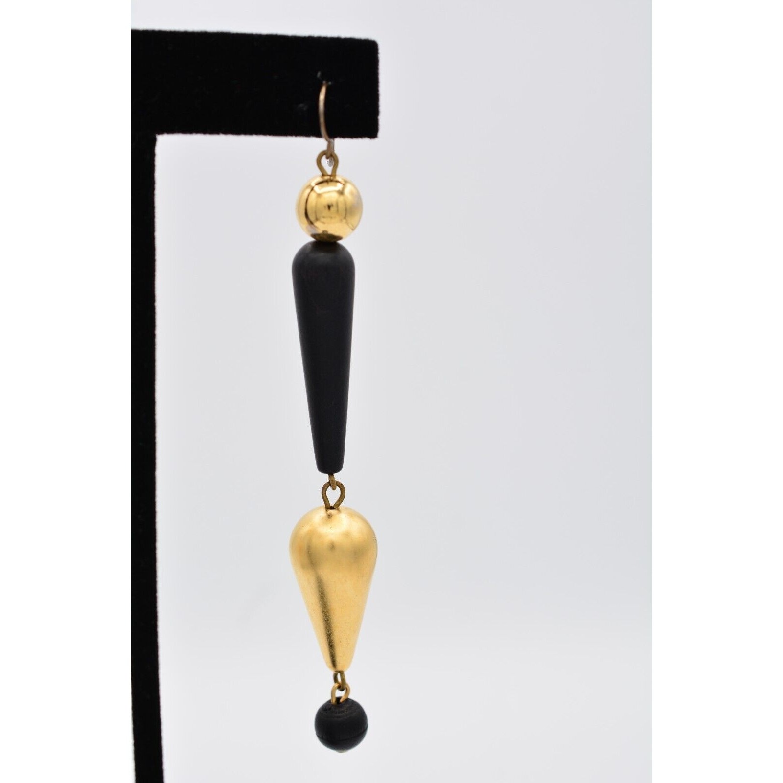 Vintage Dangle Earrings Black Beaded Brushed Gold Matte Drop Chunky 1990s BinAV