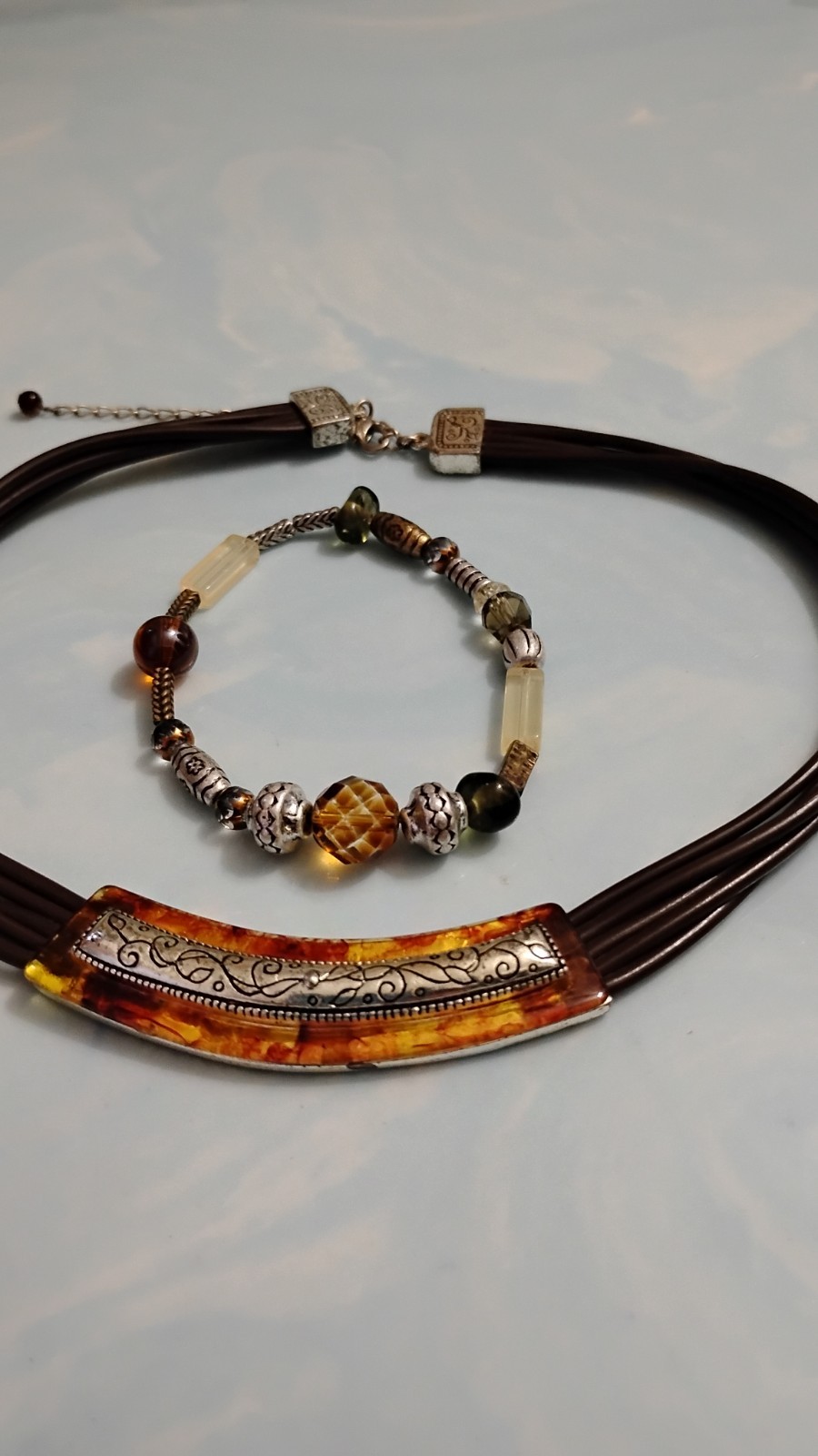 Vtg Statement Choker Necklace & Stretch Beaded Bracelet Set