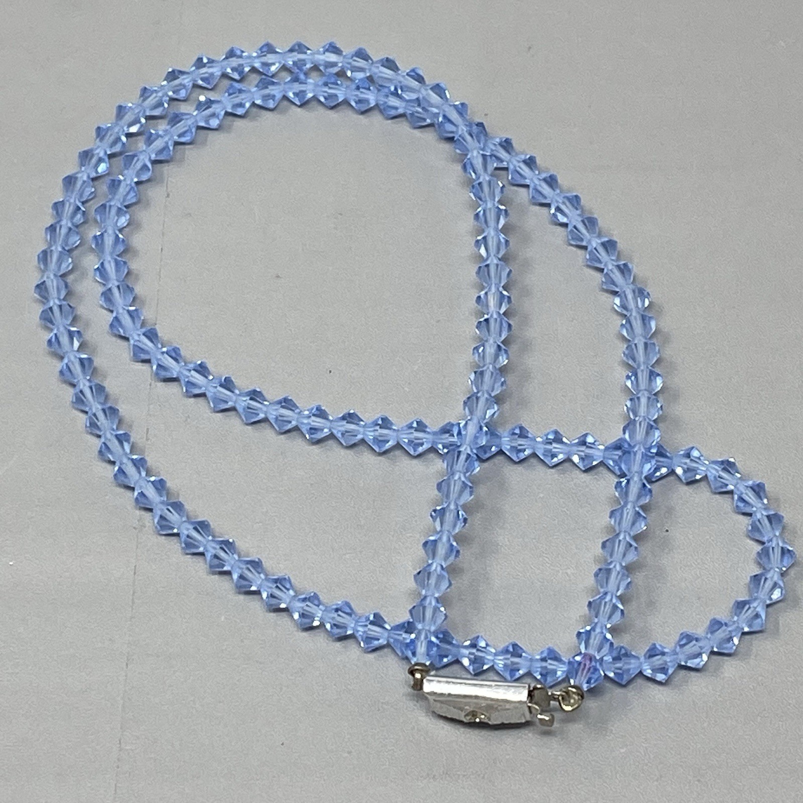 Light Blue Glass Beaded Necklace Bicone Faceted Shiny Fire Polished Vintage 24″