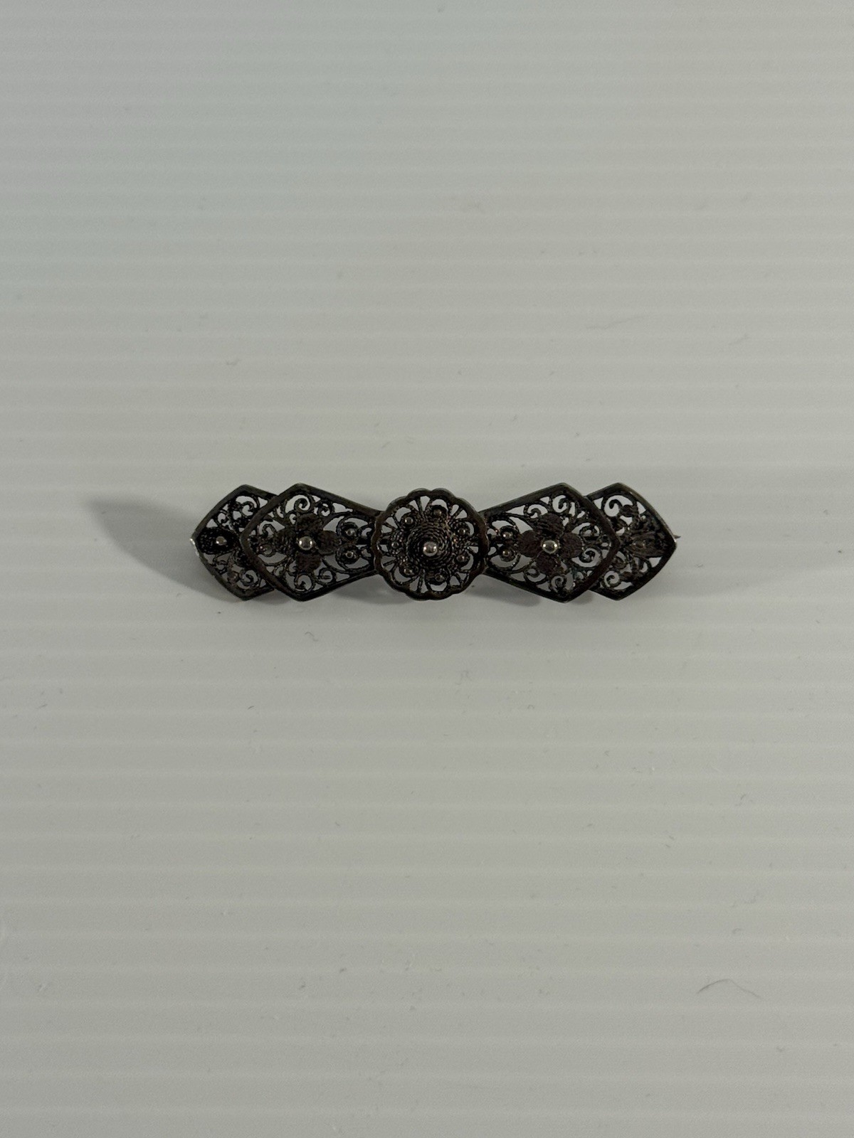 Vintage 835 Silver Filigree Bar Brooch Floral Scrollwork c1930s 3.2gms