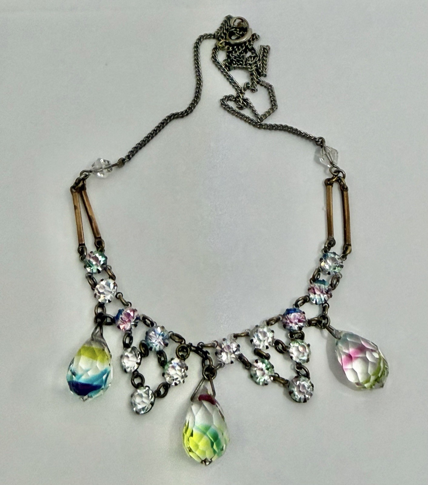 Art Deco Rainbow Iris Arc Crystal & 3 Briolettes Festoon Pendant Necklace 18”