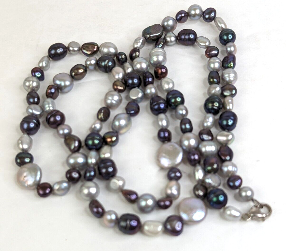 Genuine Baroque Pearl Black Peacock Luster and Silver Gray Necklace 36″ Stunning