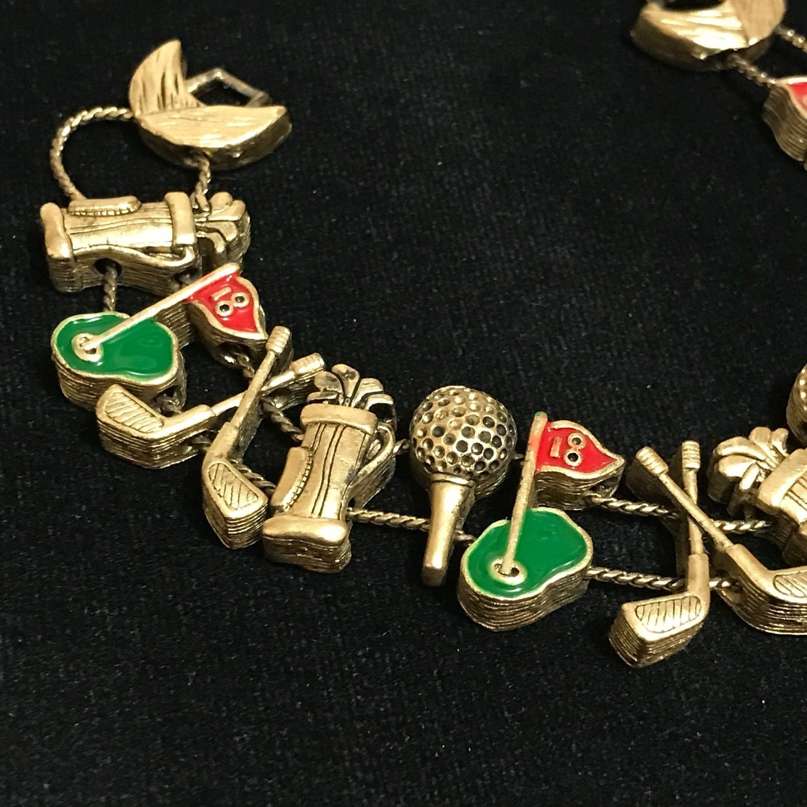Goldette Vintage Golf Charm Slide Bracelet Gold Tone Enameled 7 Inches