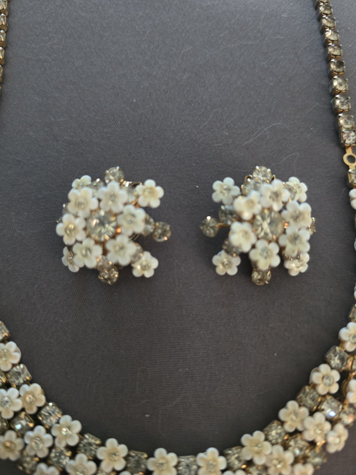 Vintage Enameled Painted Flowers Rhinestone Necklace Bracelet Earring Set