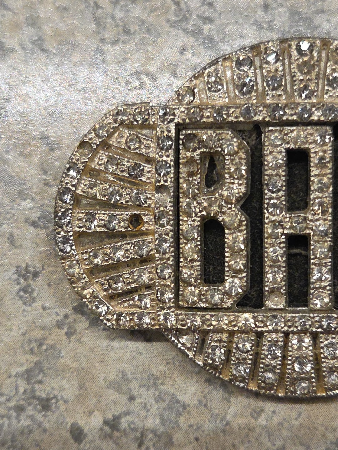 Vintage Art Deco Rhinestone Initial “BAL” Silver Tone Brooch Pin 2″ x 1.5″