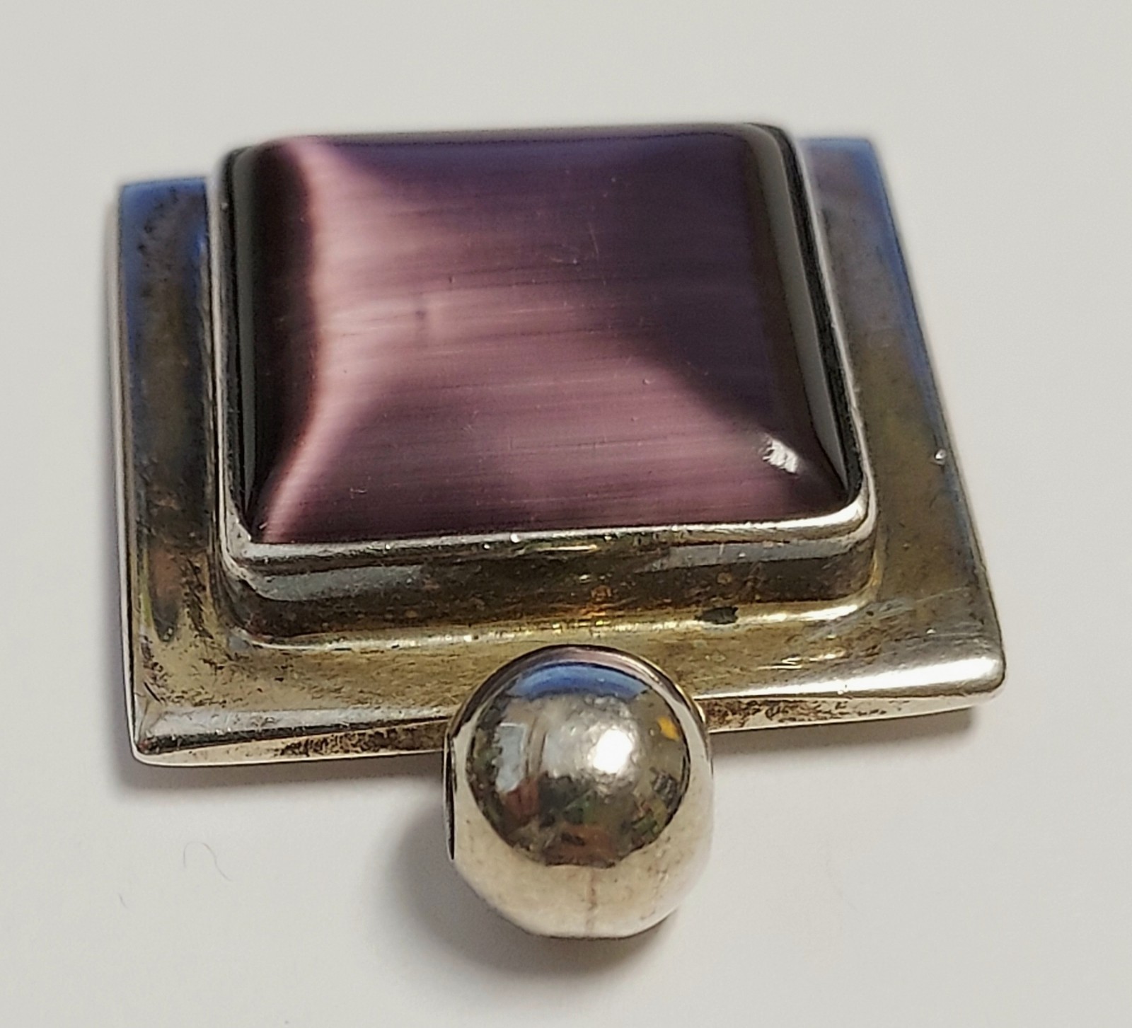 Vintage ATI Mexico Sterling Silver Pendant 925 Purple Stone Cabochon Cats Eye