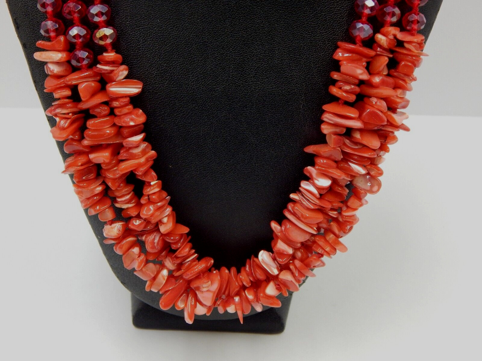 Coral Pink Abalone & Fuchsia Red Aurora Borealis Crystal Beaded Necklace Knotted