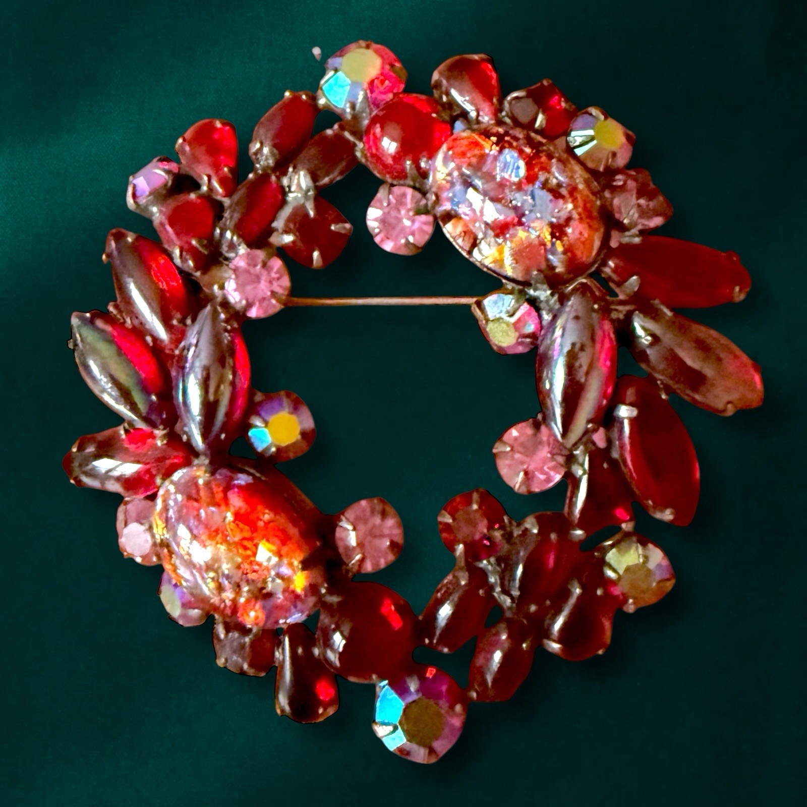 Red Rhinestone Brooch Large Art Glass Confetti Cabochon Vintage 3 Inch