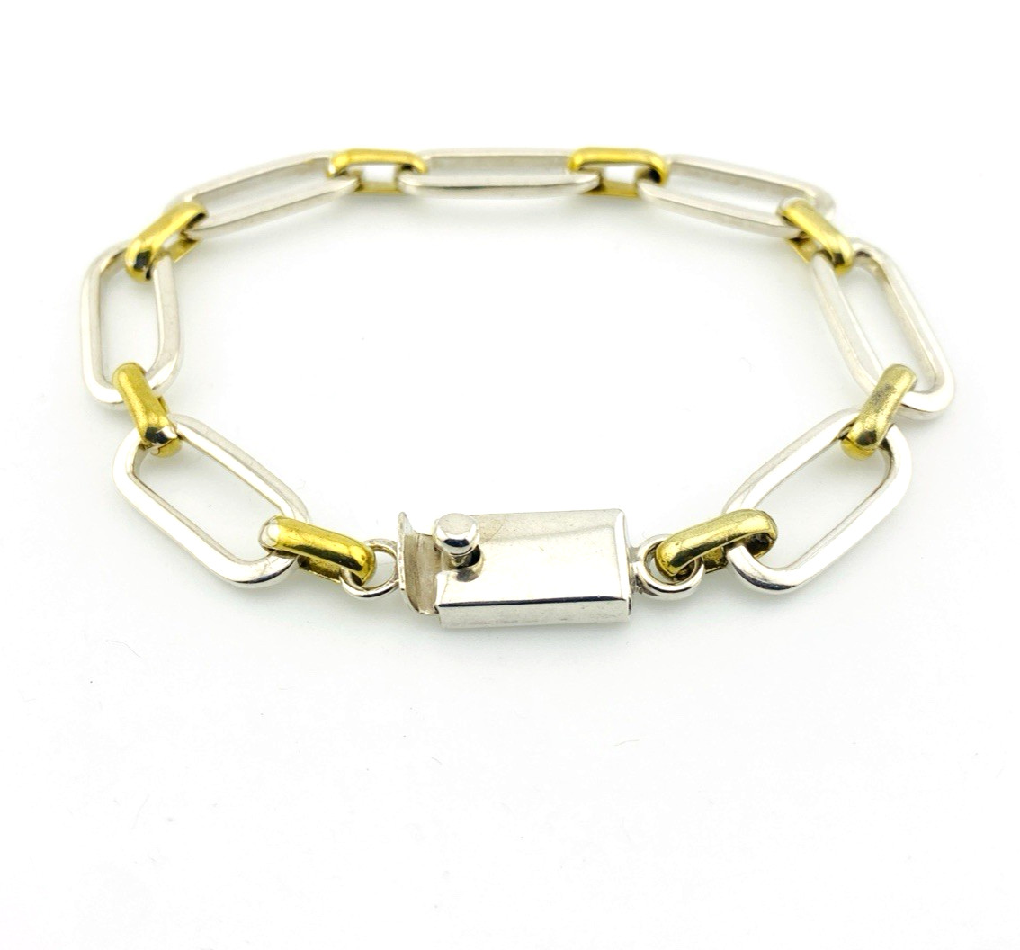 Mexico Sterling Silver Brass Link Bracelet Mixed Metal Chunky Chain 6.75 Inches