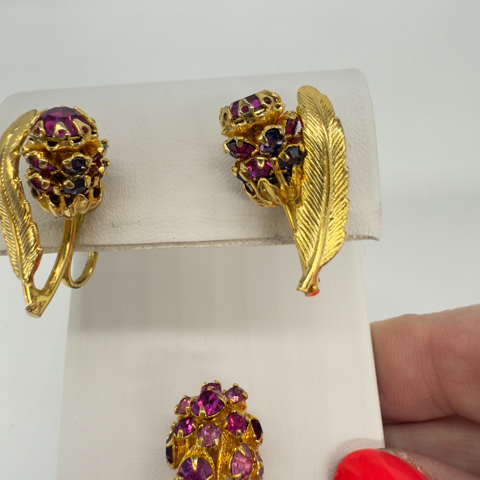 Vintage Flower Brooch and Earring Set Pink Red Rhinestones Gold Tone Clip Ons