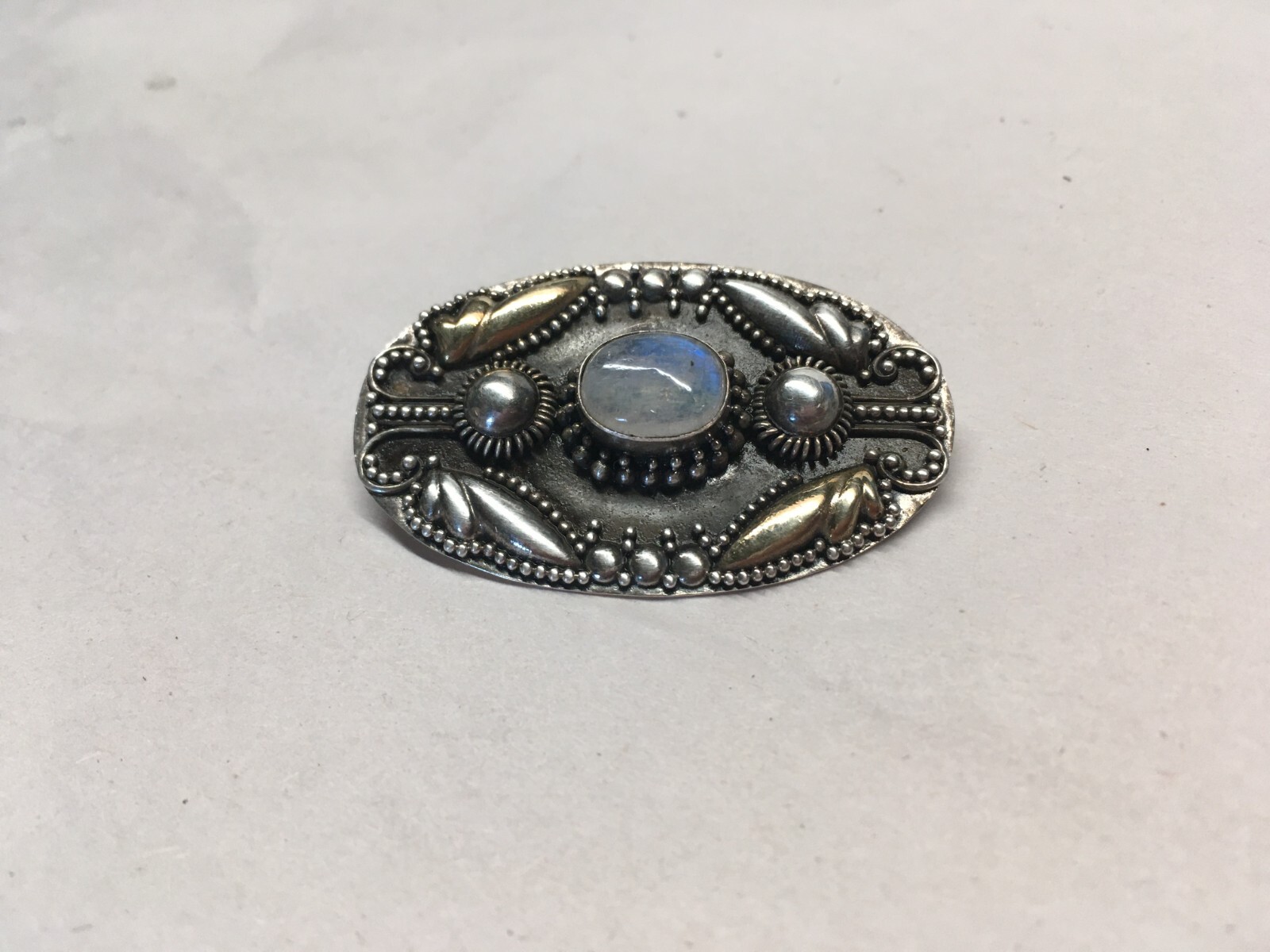 925 Sterling Silver Gold Wash 2 Tone Moonstone Brooch 1-5/8”
