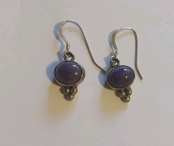 Vintage Sterling Silver Purple Iolite 1.25″ Dangle Hook Earrings