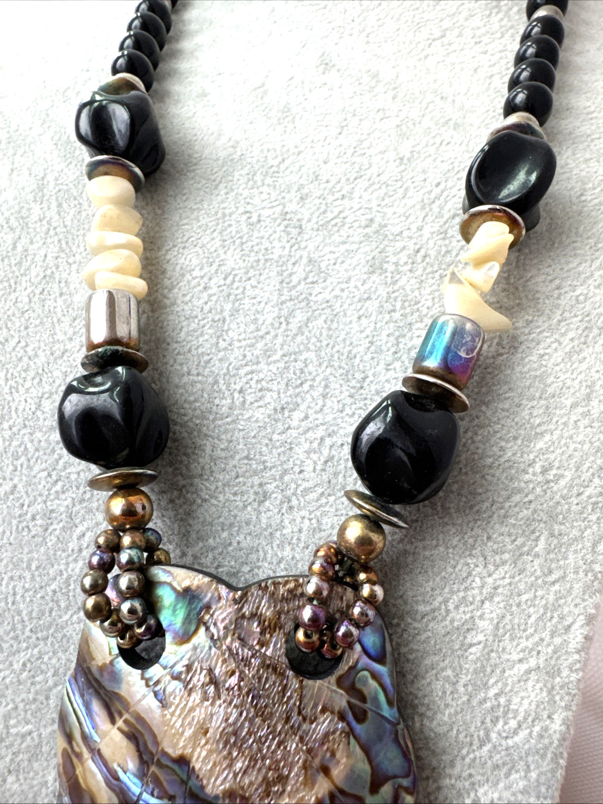 WOW Brutalist Modernist statement Necklace Jewelry VTG Goth shell Witchy Abalone