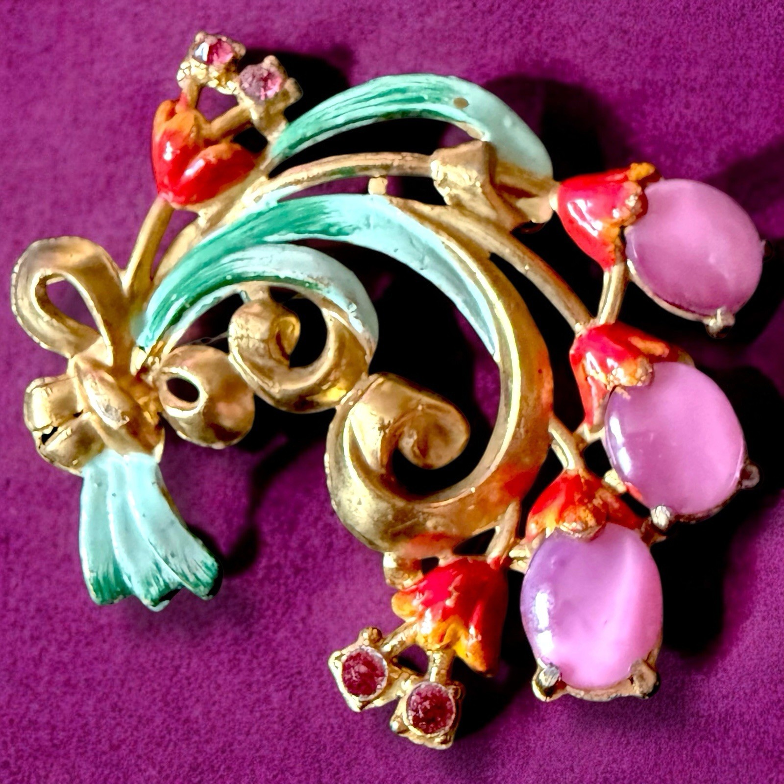 Pot Metal Flower Brooch 1940s Enamel Pink Cabochon Bouquet Vintage Large
