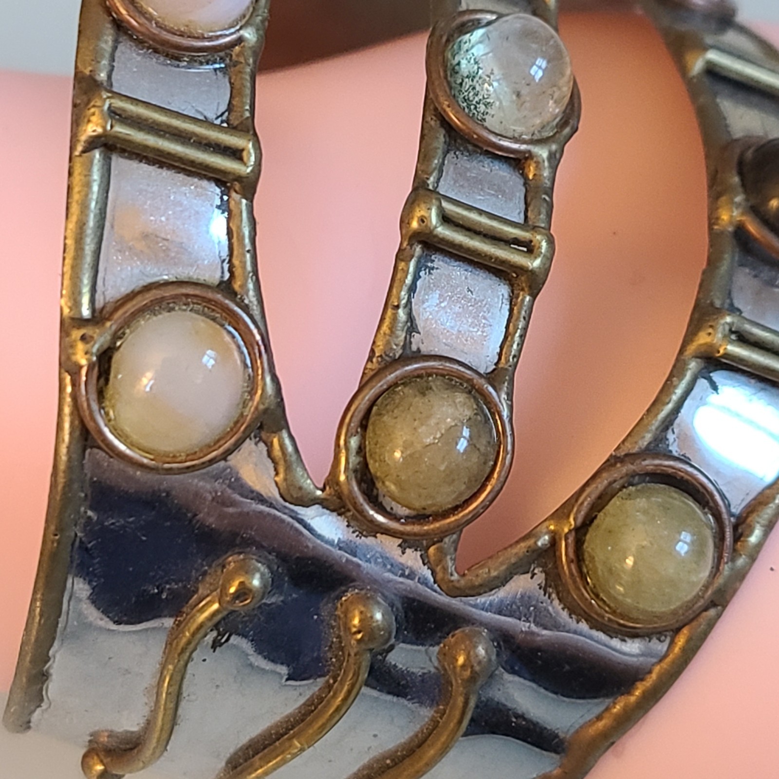 VTG Brutalist Mixed Metal Cuff Bracelet 2″ Wide Artisan Multi-Gem Statement