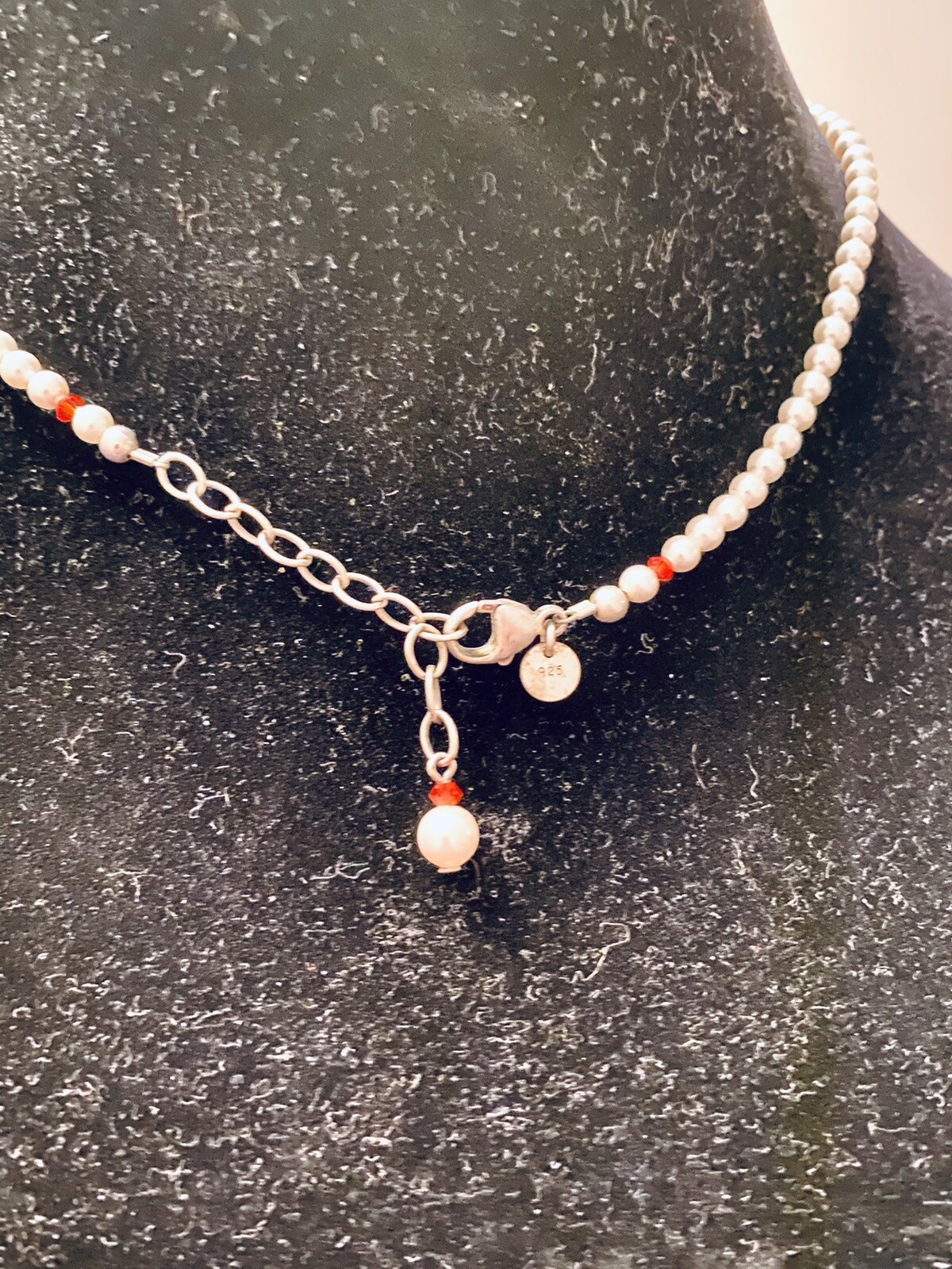 EMILY RAY STERLING SILVER Faux Pearl & Crystal Glass NECKLACE 15-17” IN LONG 925