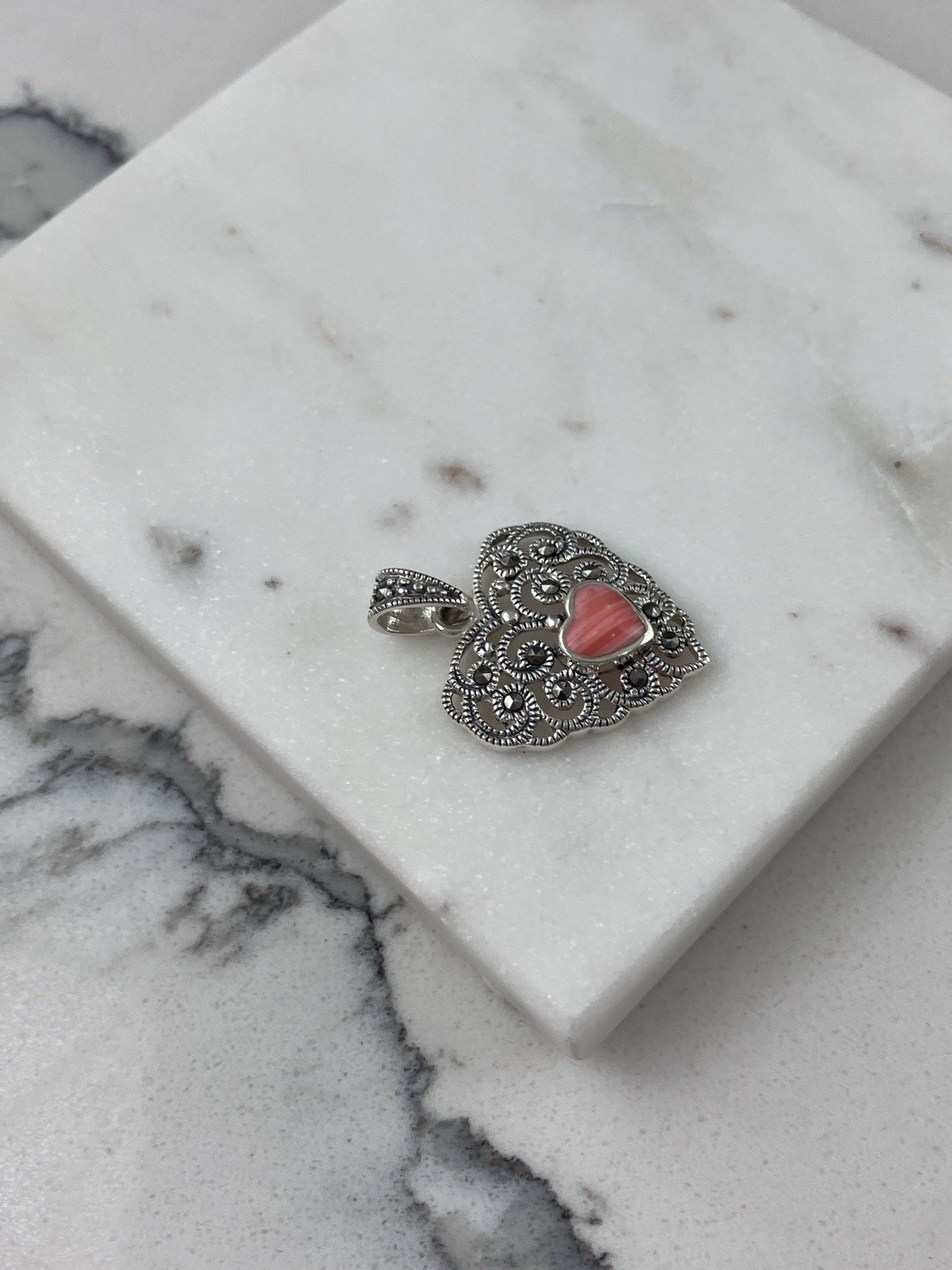 Vintage 925 Sterling Silver Deco Marcasite Pink Coral Heart Pendant